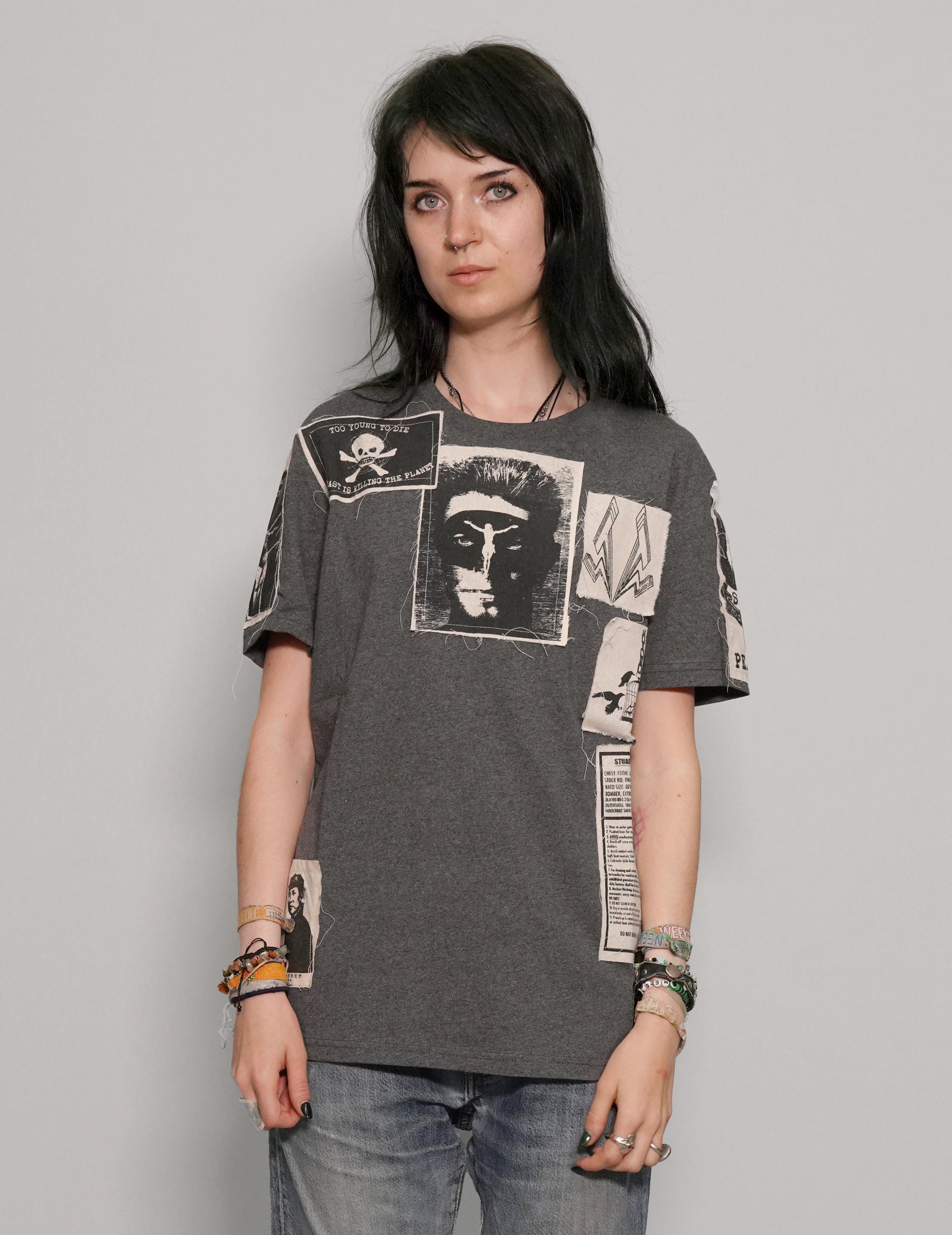 Women's Graphic T-Shirt with David Bowie Patches in Grey | Stuart Trevor