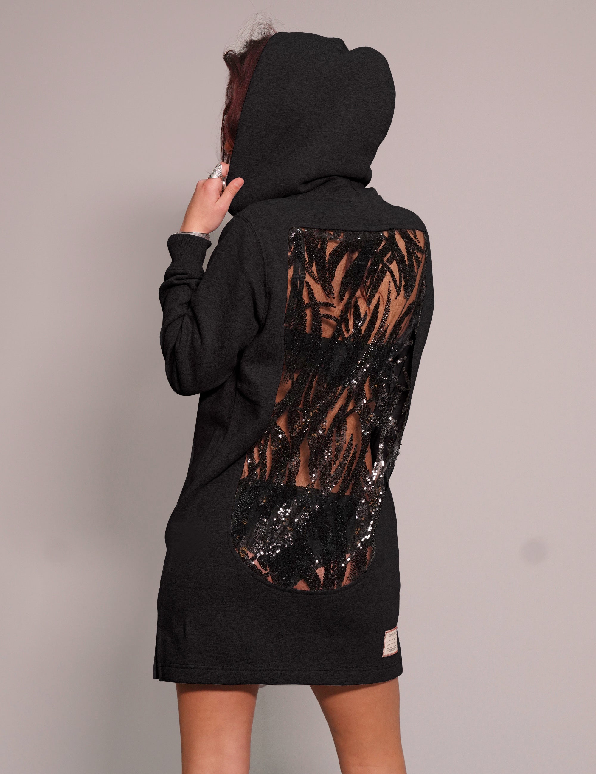 Women's Black Hoodie Dress with Black Sequin Back | Stuart Trevor