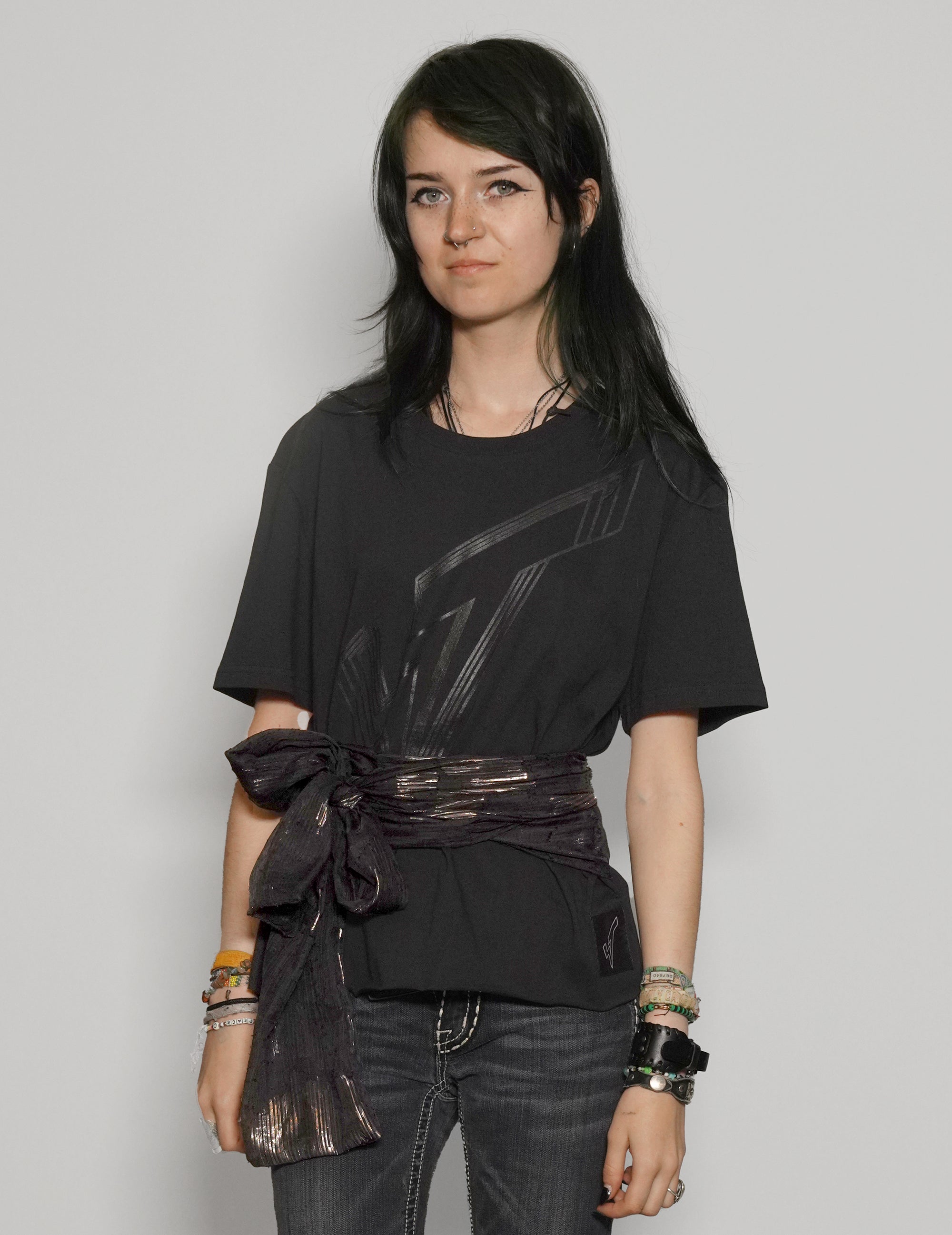 Women's Black T-Shirt with Black & Gold Sequin Tie Waist | Stuart Trevor