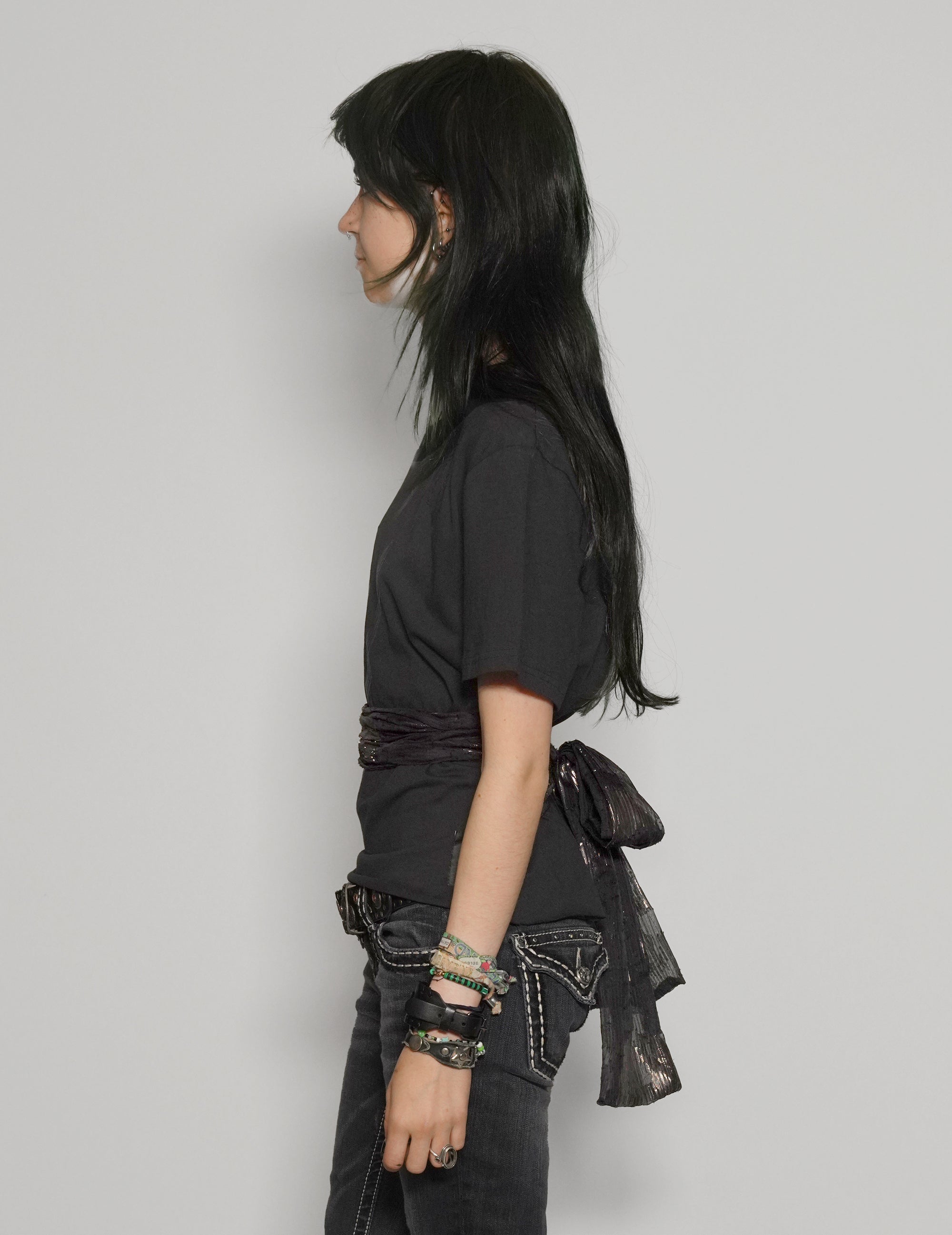 Women's Black T-Shirt with Black & Gold Sequin Tie Waist | Stuart Trevor