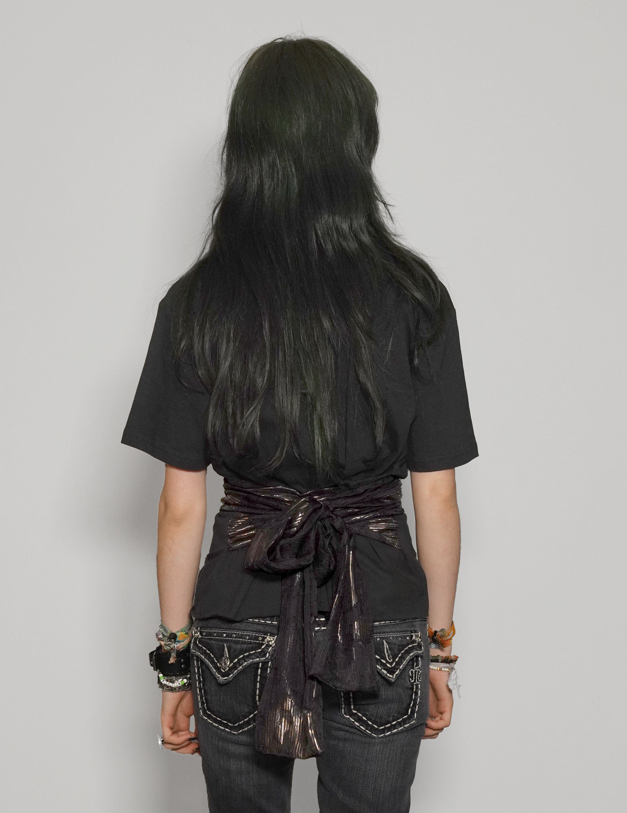 Women's Black T-Shirt with Black & Gold Sequin Tie Waist | Stuart Trevor
