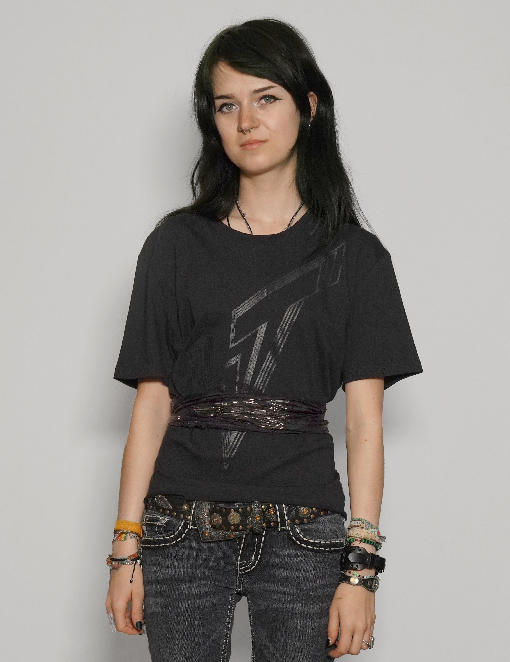 Women's Black T-Shirt with Black & Gold Sequin Tie Waist | Stuart Trevor