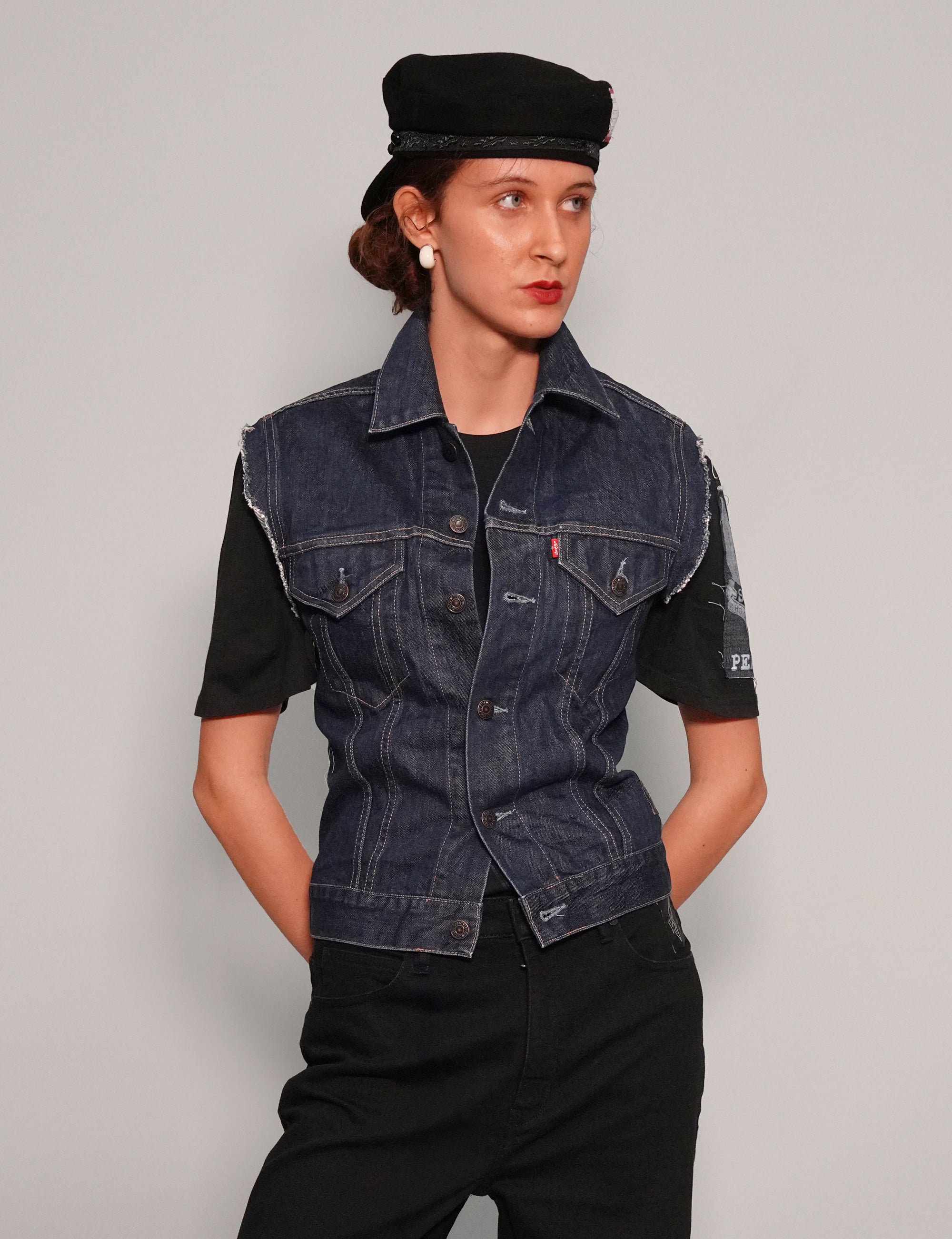 Women's Vintage Denim Vest Jacket in Blue with Patches | Stuart Trevor