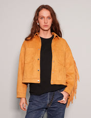 Women's Faux Leather Fringe Jacket in Mustard Yellow | Stuart Trevor