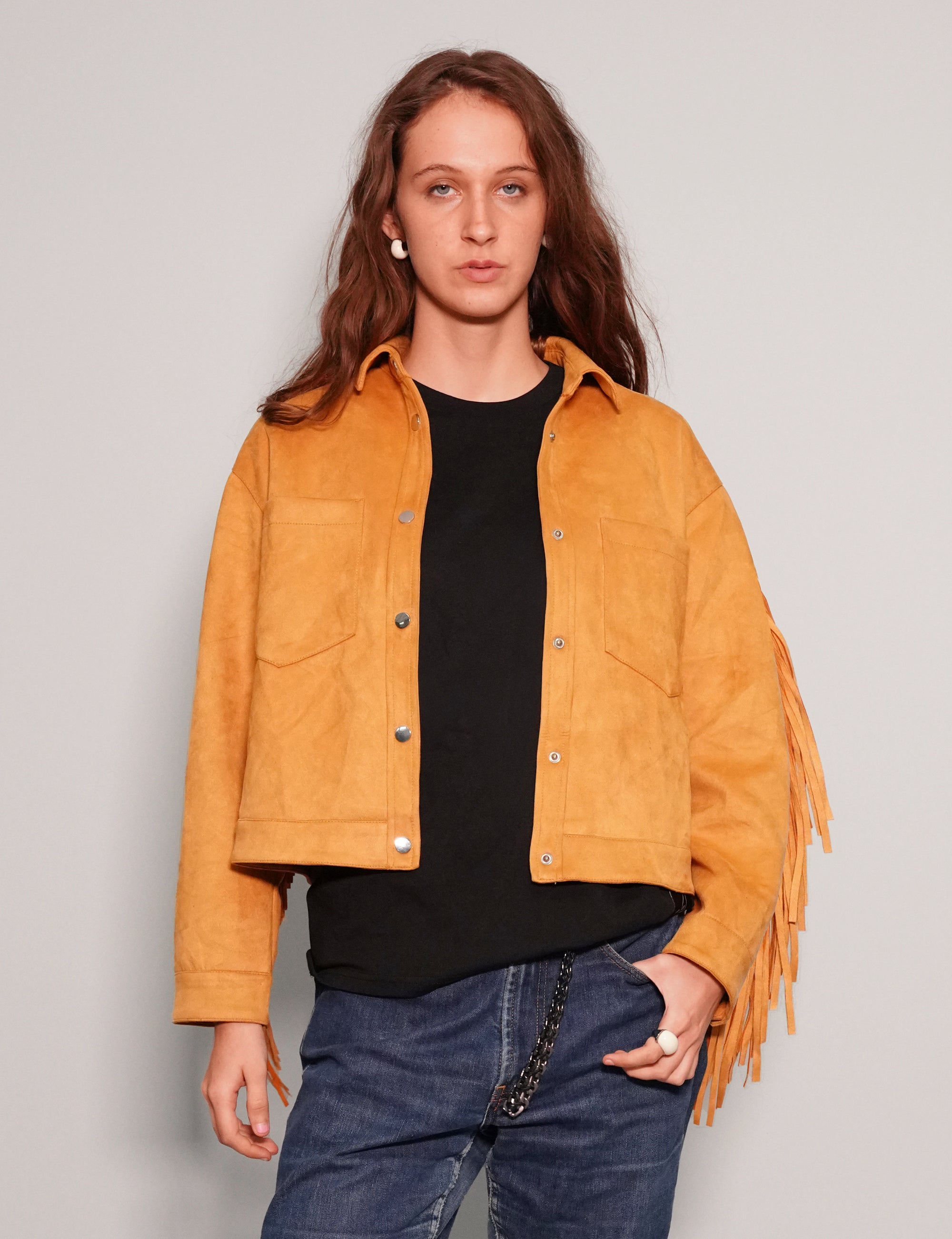 Women's Faux Leather Fringe Jacket in Mustard Yellow | Stuart Trevor