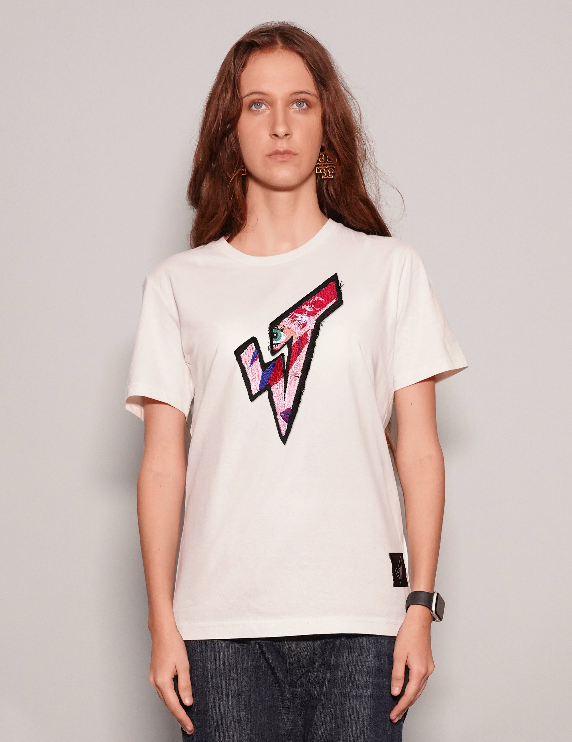 Women's Graphic T-Shirt with David Bowie Patch in White | Stuart Trevor