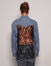 Women's Vintage Blue Denim Shirt with Black Sequin Sheer Back | Stuart Trevor