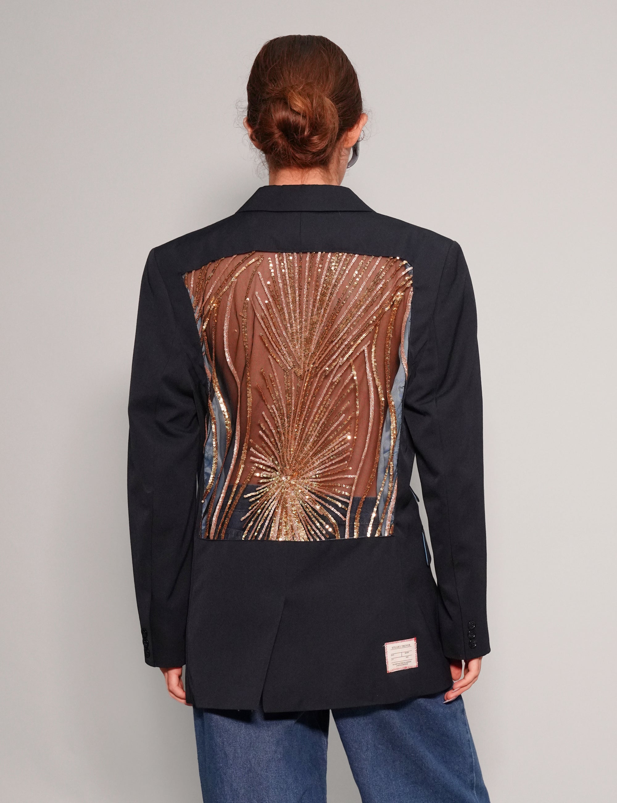 Women's Vintage Black Blazer with Gold Sequin Sheer Back | Stuart Trevor