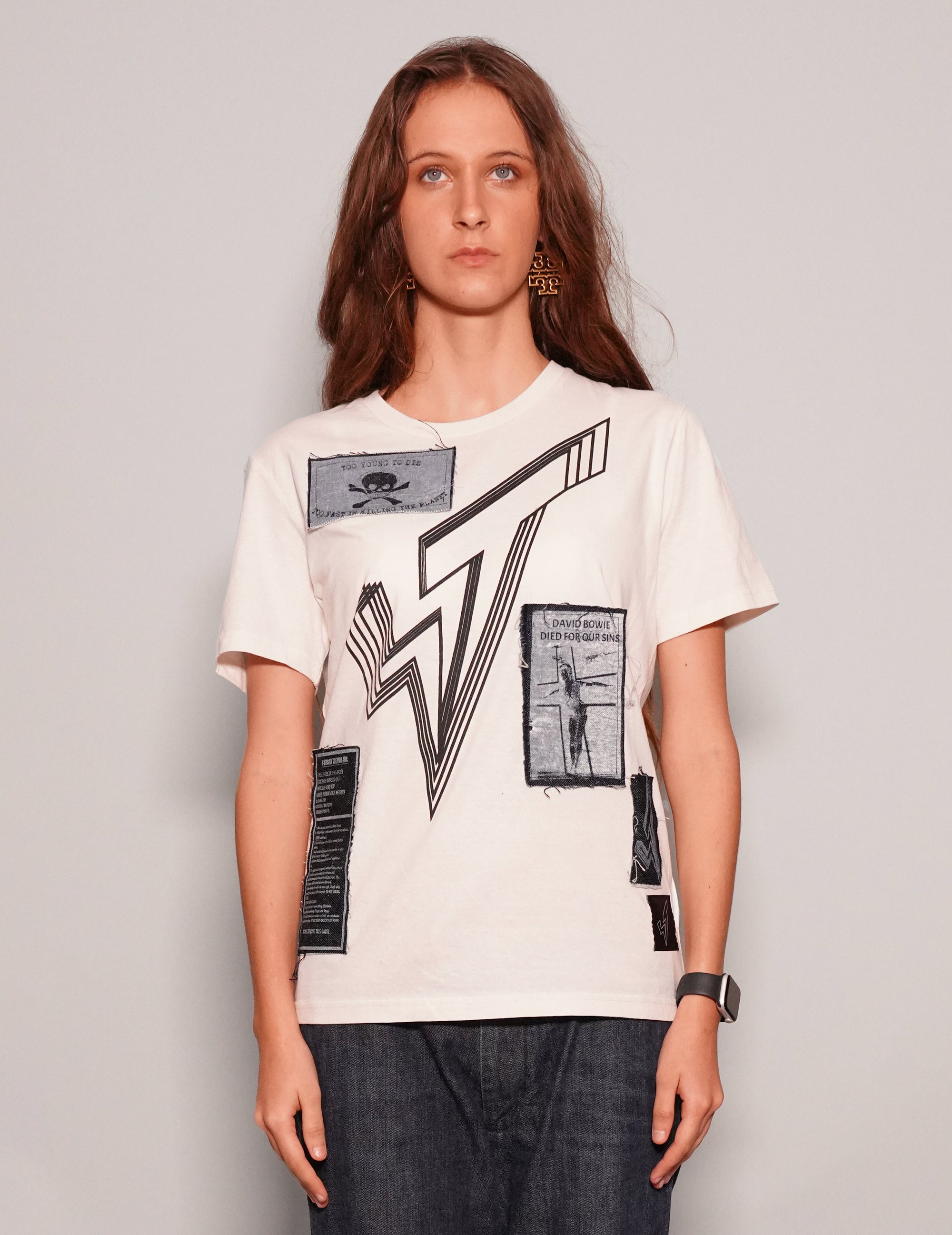 Women's White Graphic T-Shirt with David Bowie Patches | Stuart Trevor