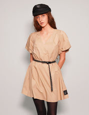 Women's Mini Smock Dress with Puff Sleeves in Beige| Stuart Trevor