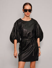 Women's Vintage Black Leather Mini Dress with Puff Sleeve| Stuart Trevor