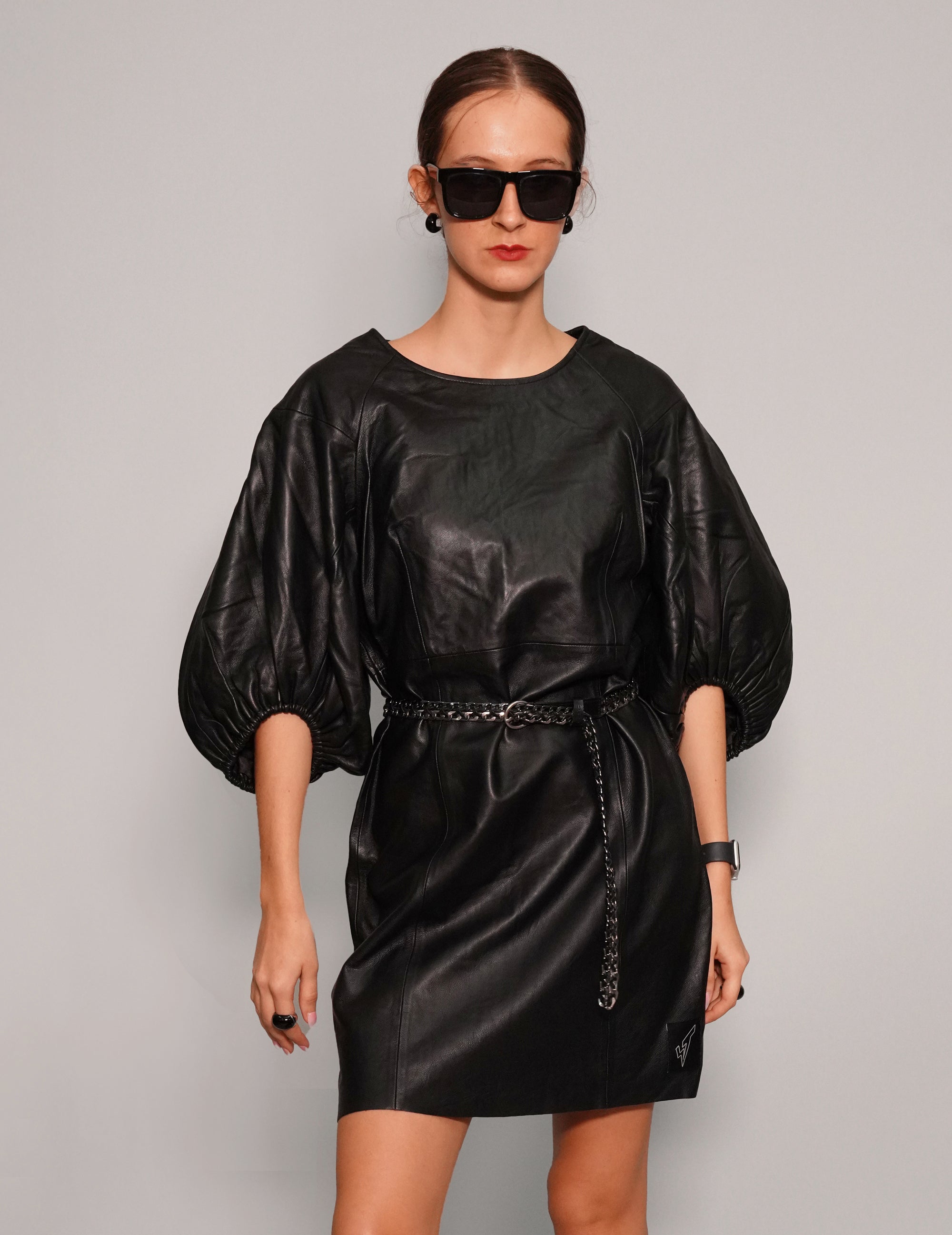 Women's Vintage Black Leather Mini Dress with Puff Sleeve| Stuart Trevor