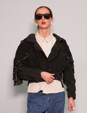 Women's Vintage Suede Beaded Fringe Cowgirl Jacket in Black | Stuart Trevor