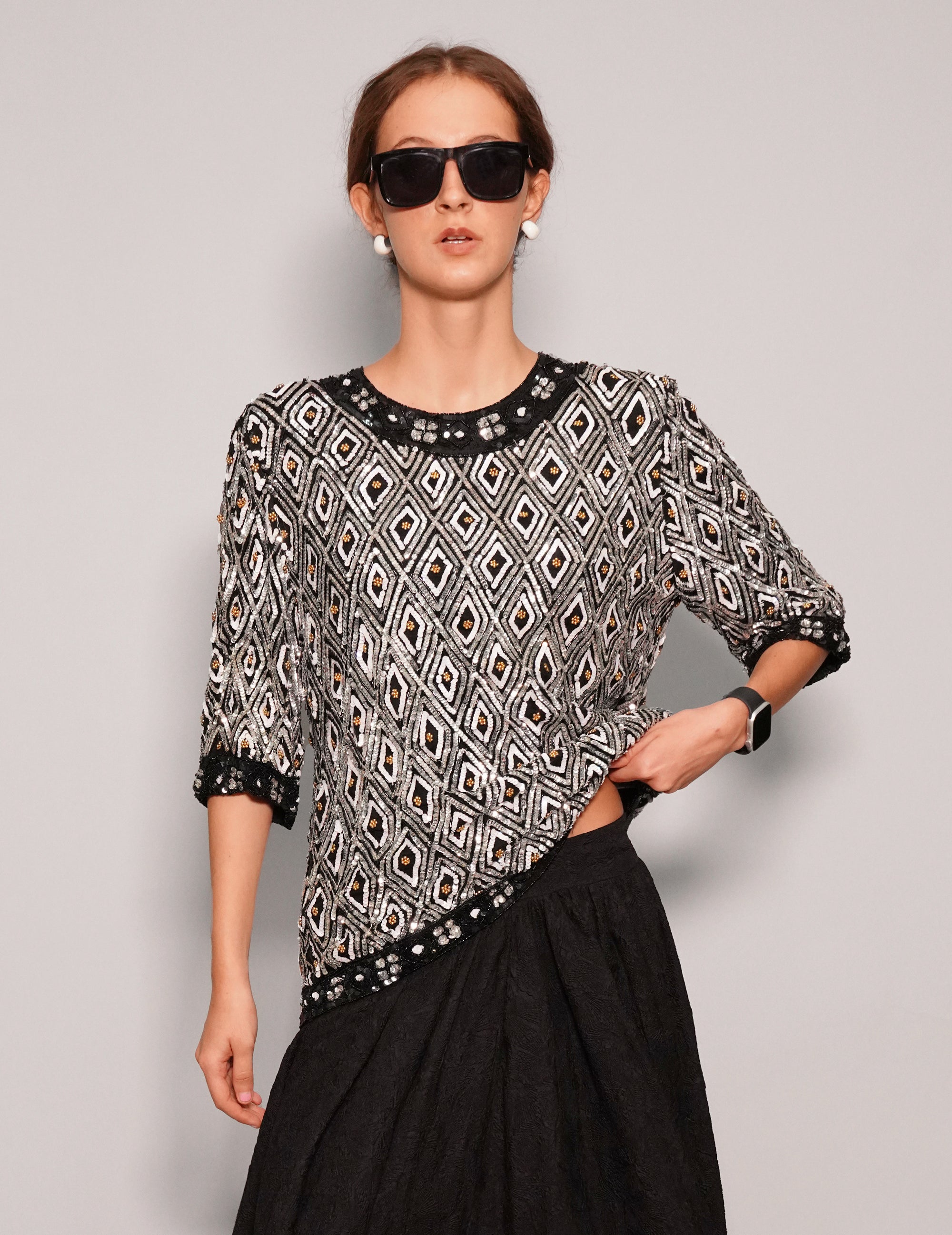 Women's Vintage Sequin Top in Black and White | Stuart Trevor