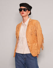 Women's Vintage Fringe Leather Cowgirl Jacket in Yellow | Stuart Trevor