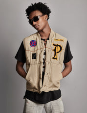 Men's Vintage Puffer Gilet with Patches in Khaki | Stuart Trevor