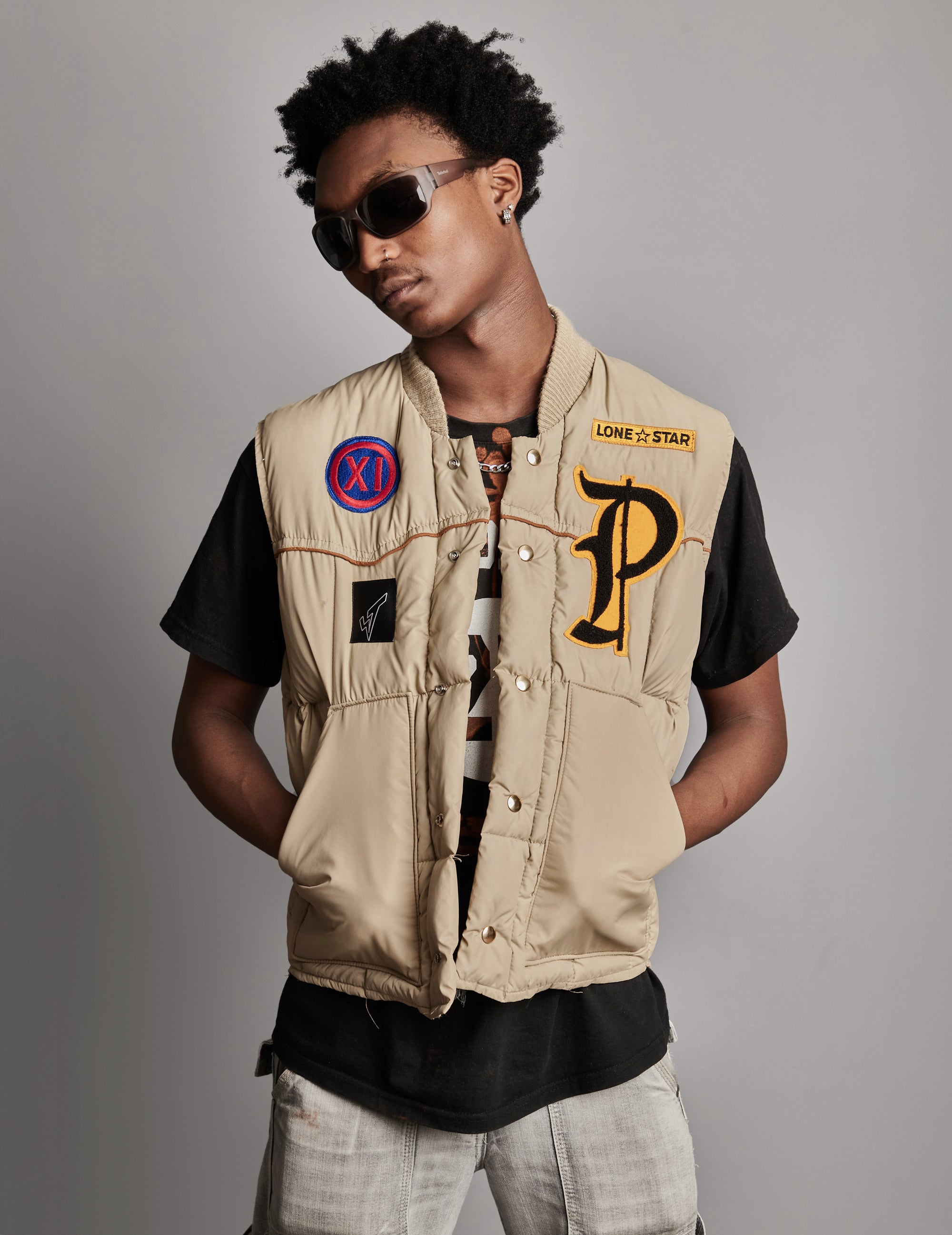 Men's Vintage Puffer Gilet with Patches in Khaki | Stuart Trevor