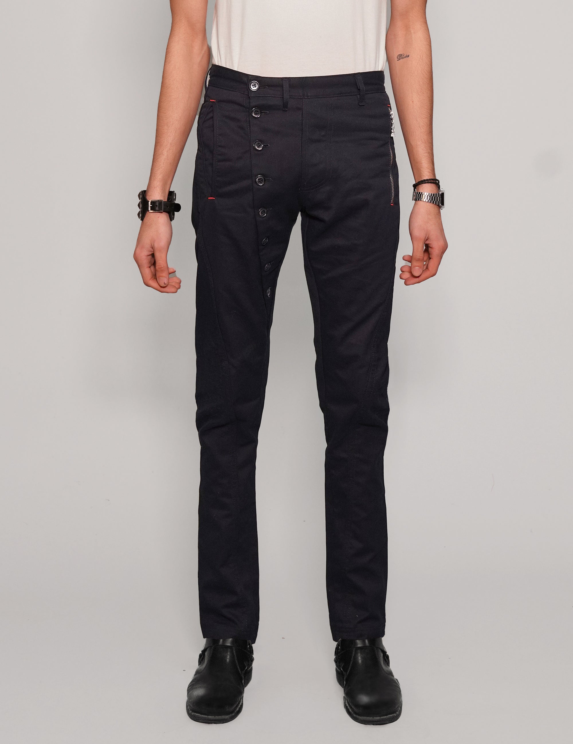 Men's Button Down Cotton Twill Skinny Jeans in Navy Blue | Stuart Trevor