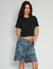 'Peace' Laser Print Denim Jean Skirt in Blue