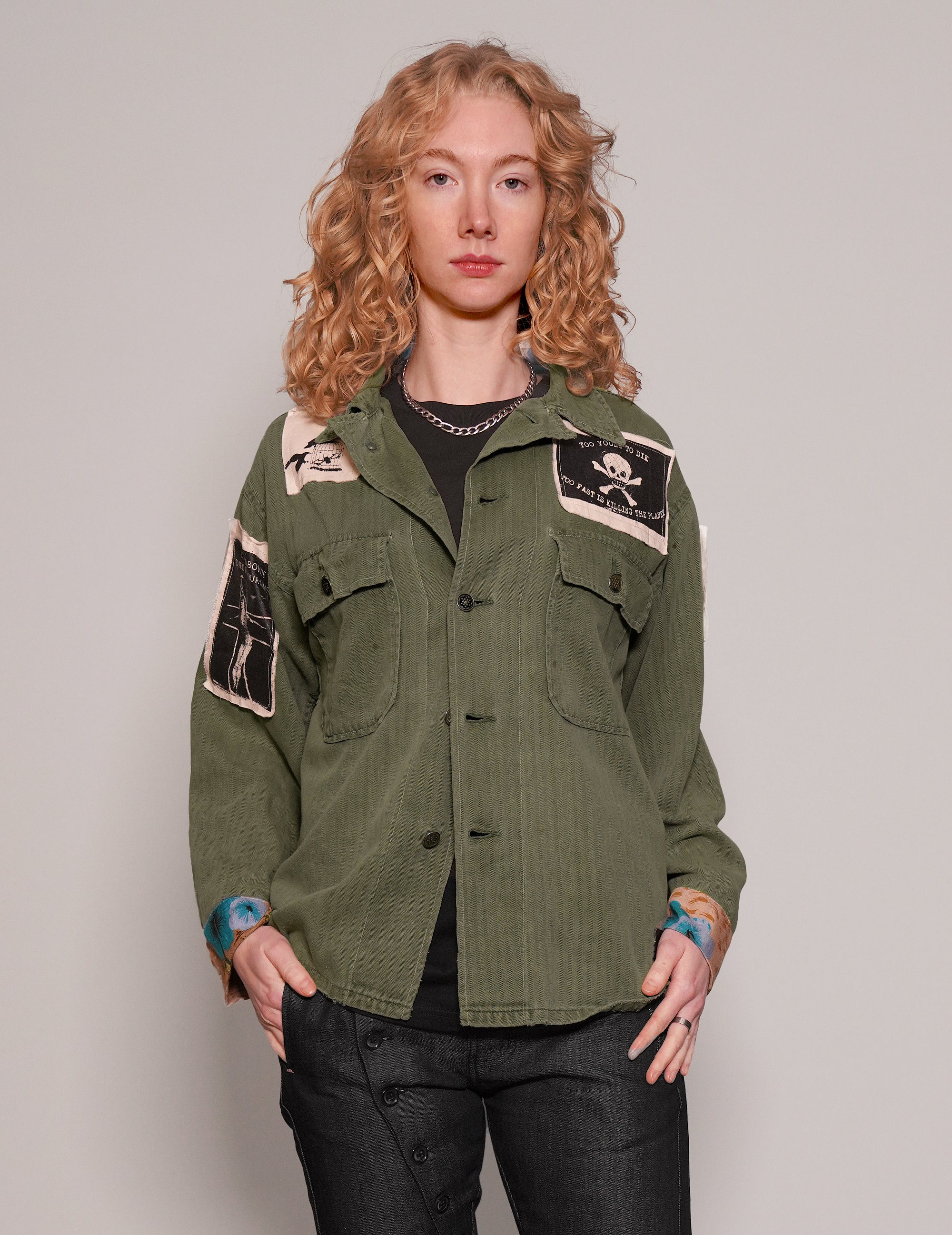 Women's Vintage Army Shirt with Patches in Khaki Green | Stuart Trevor