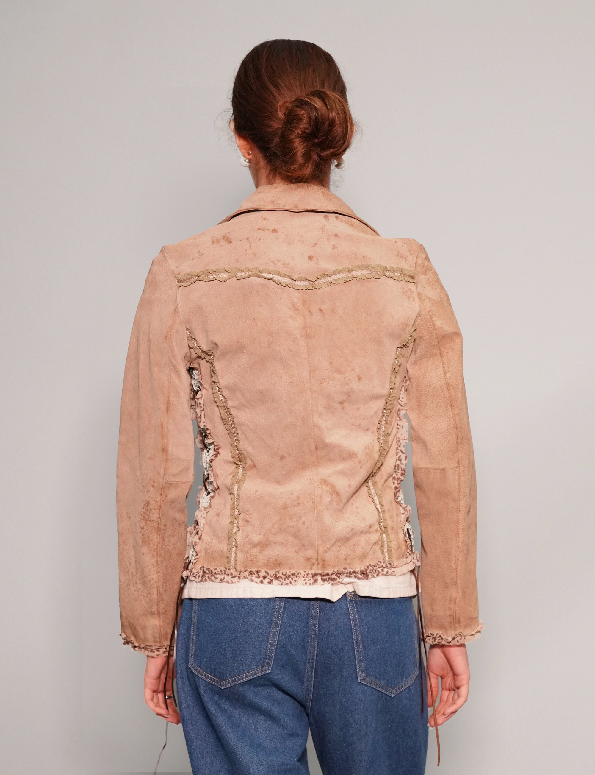 Women's Vintage Suede Jacket with Frills in Beige | Stuart Trevor