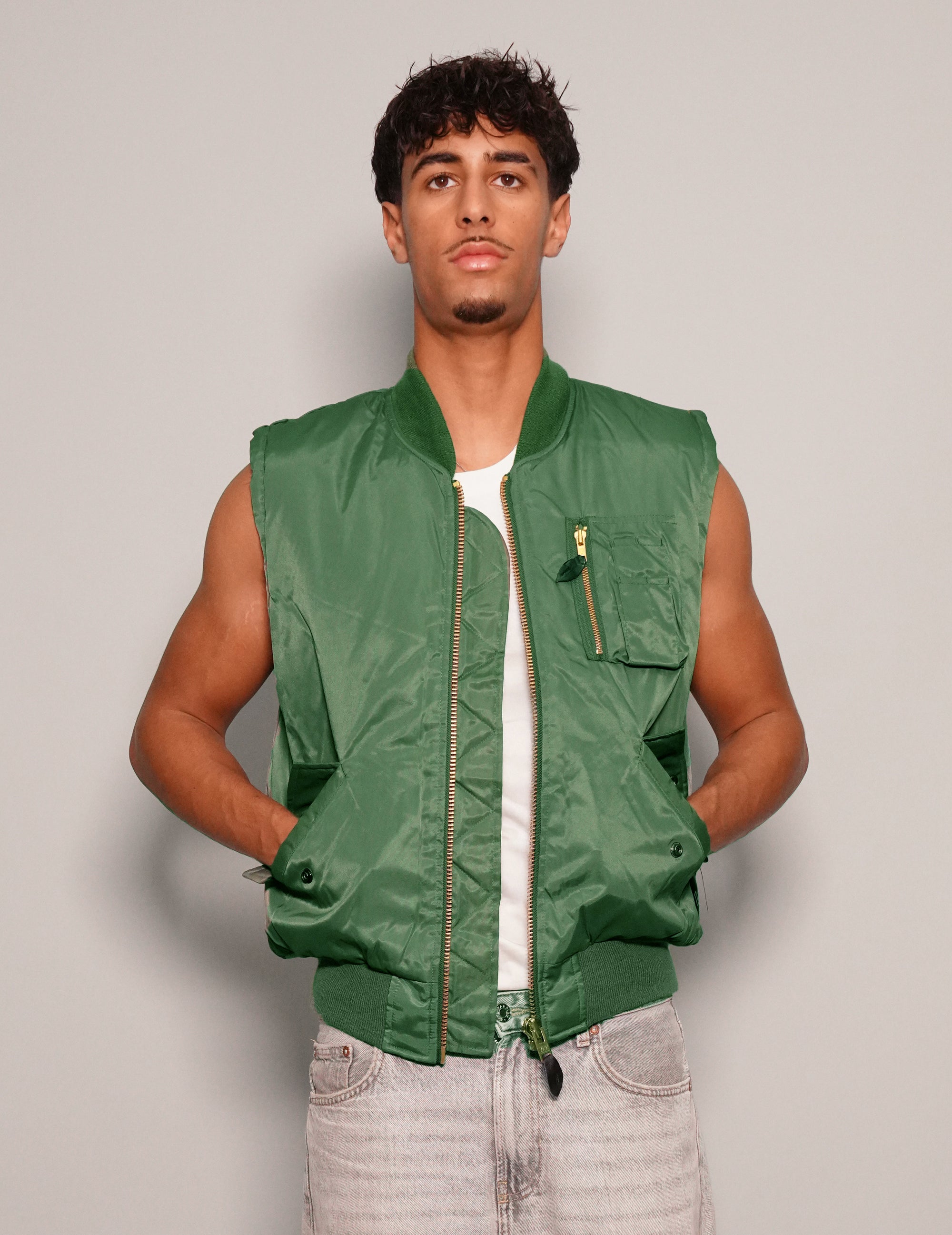 Men's Bomber Gilet Jacket in Green with Patch | Stuart Trevor
