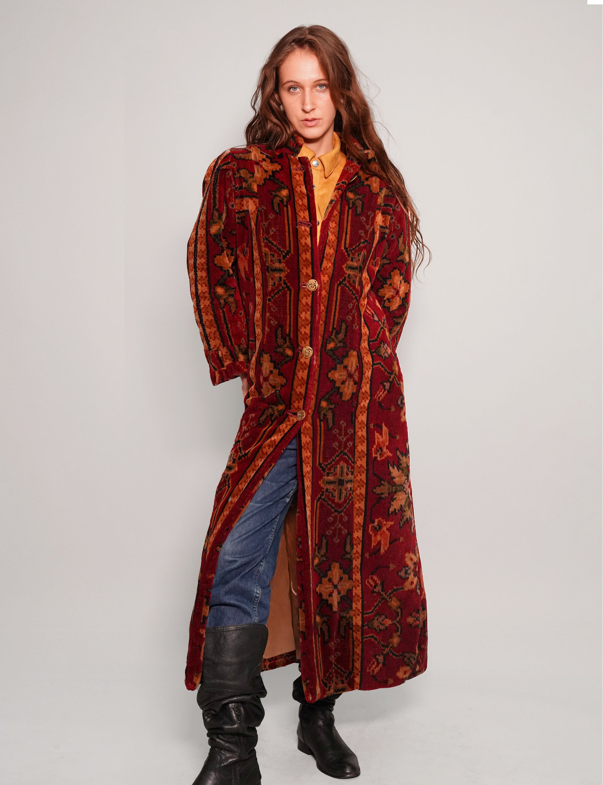 Women's Vintage Wool Coat with Persian Pattern in Red | Stuart Trevor