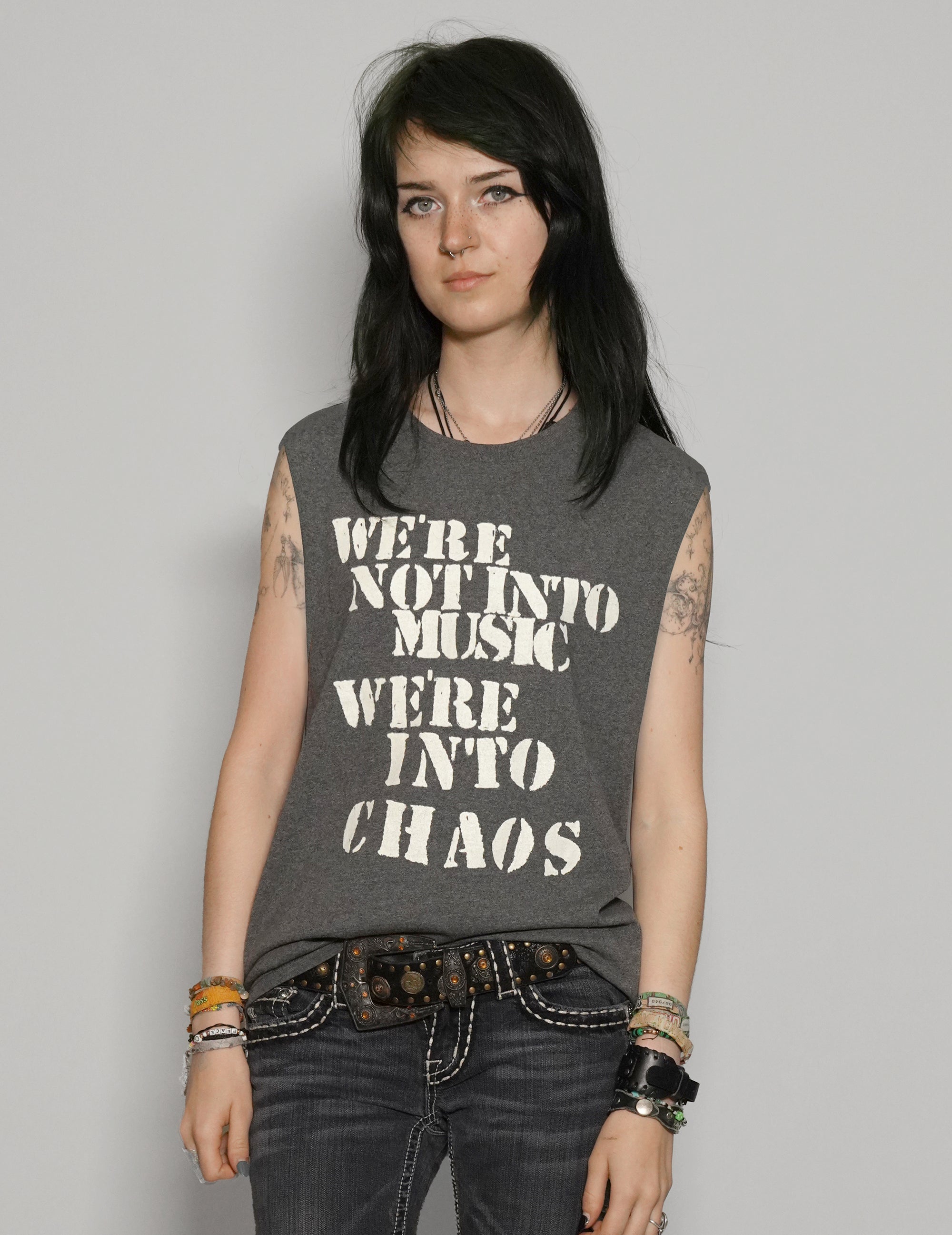 Women's Graphic T-Shirt Vest with Sex Pistols Print in Grey | Stuart Trevor