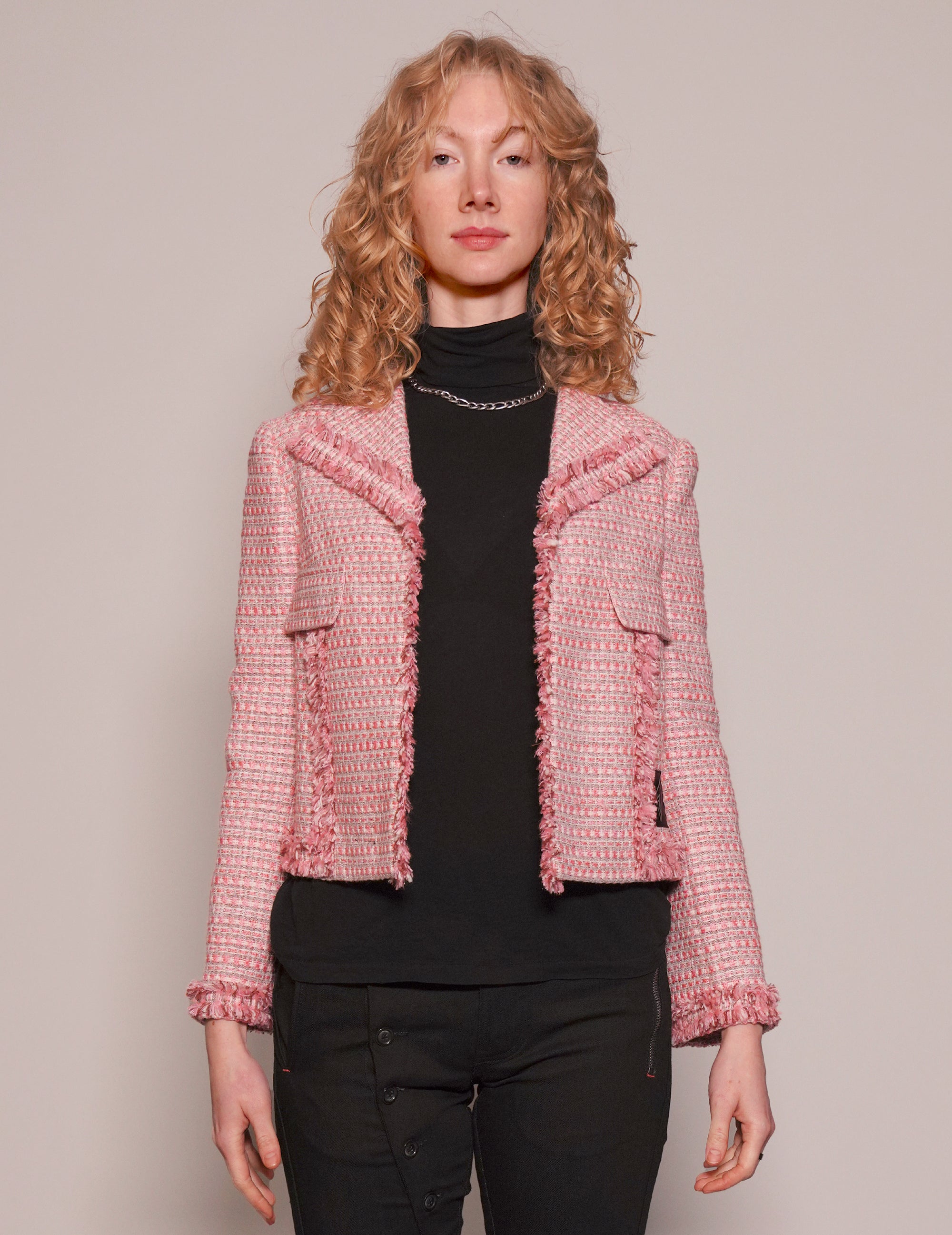 Women's Vintage Pink Tweed Ruffle Suit Jacket | Stuart Trevor