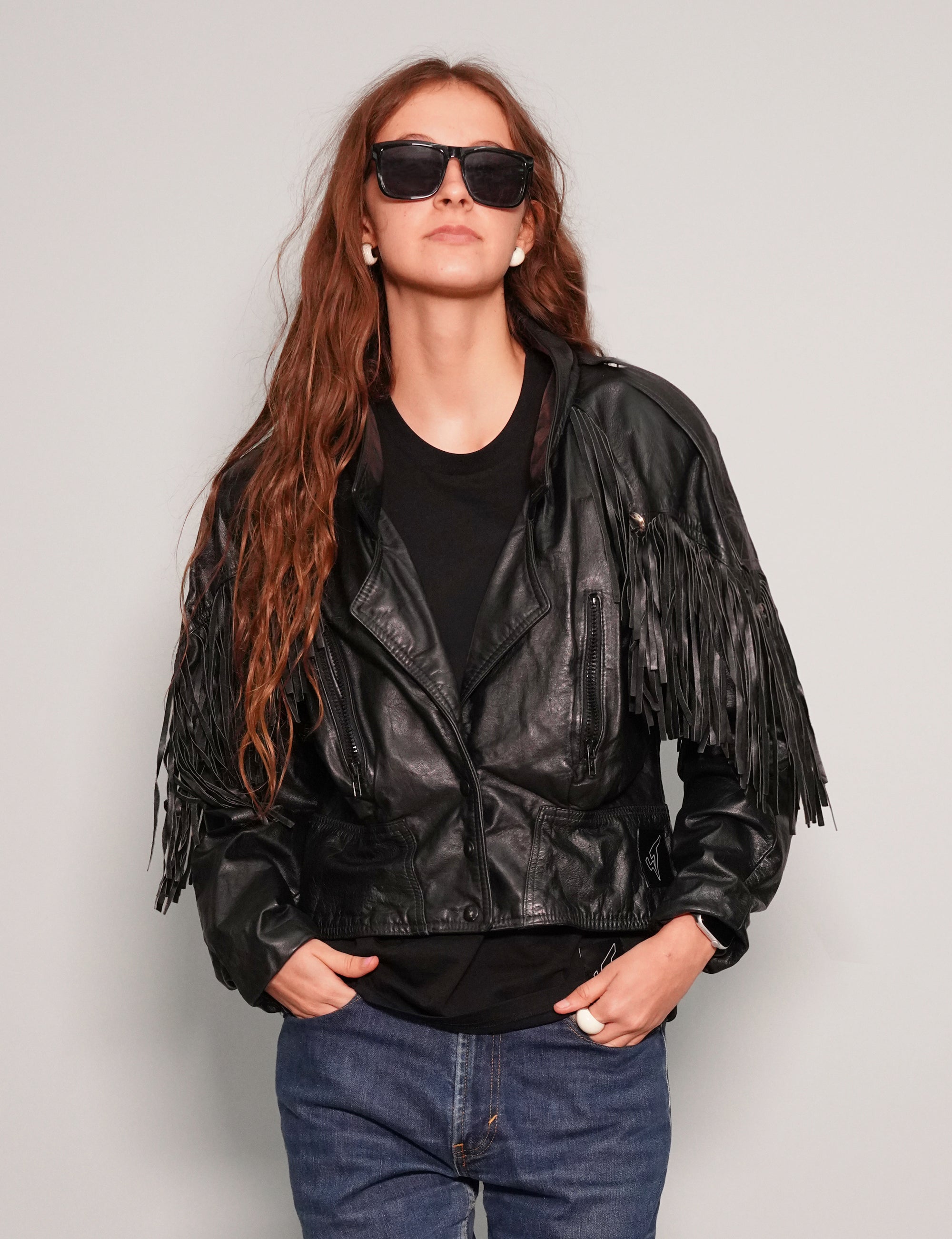 Women's Vintage Cropped Leather Fringe Jacket in Black | Stuart Trevor
