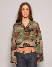 Women's Vintage Camo Cropped Army Shirt with Black Sequin Sheer Back | Stuart Trevor