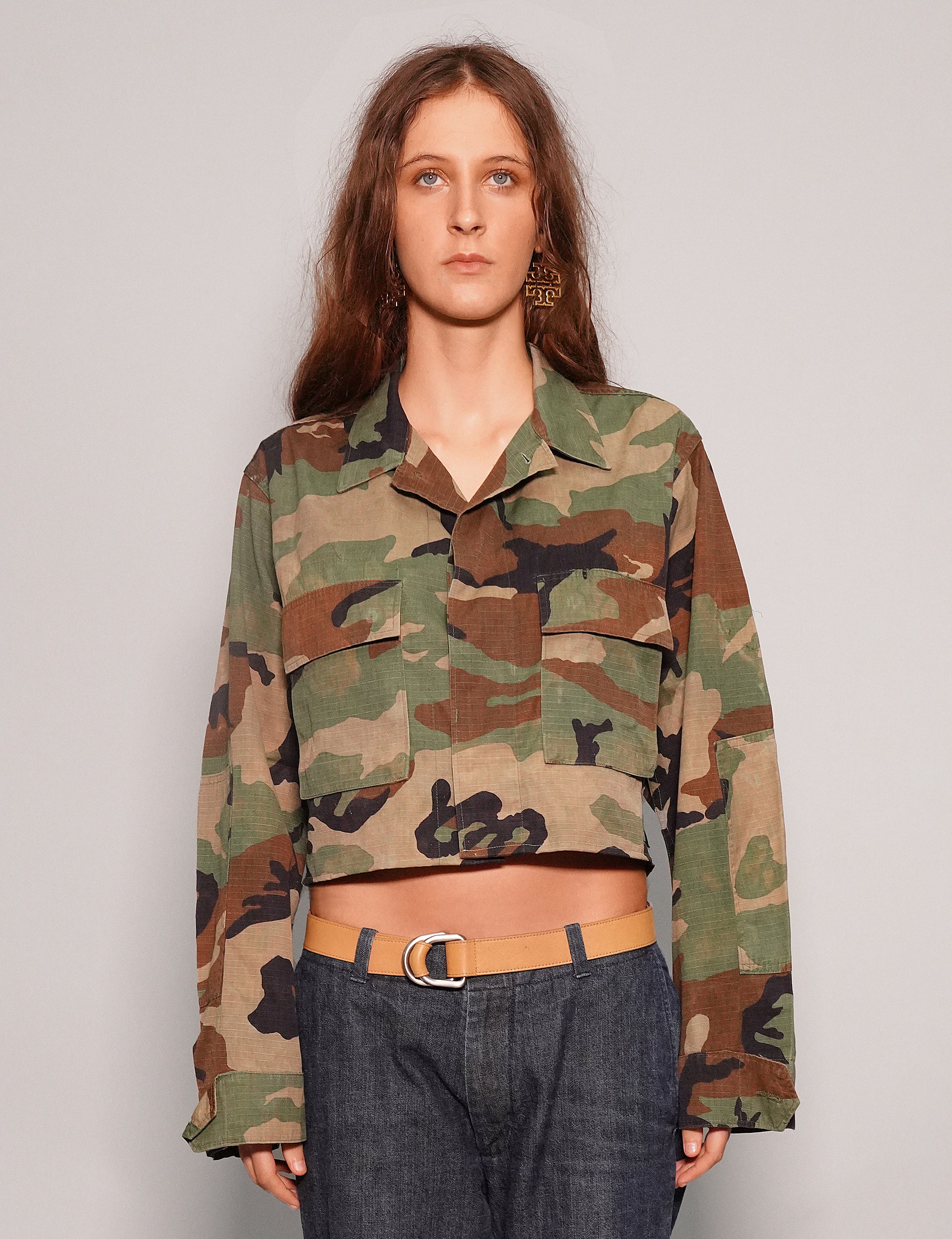 Women's Vintage Camo Cropped Army Shirt with Black Sequin Sheer Back | Stuart Trevor