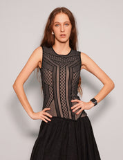 Women's Vintage Two-Tone Vest Top with Geometric Pattern in Black | Stuart Trevor