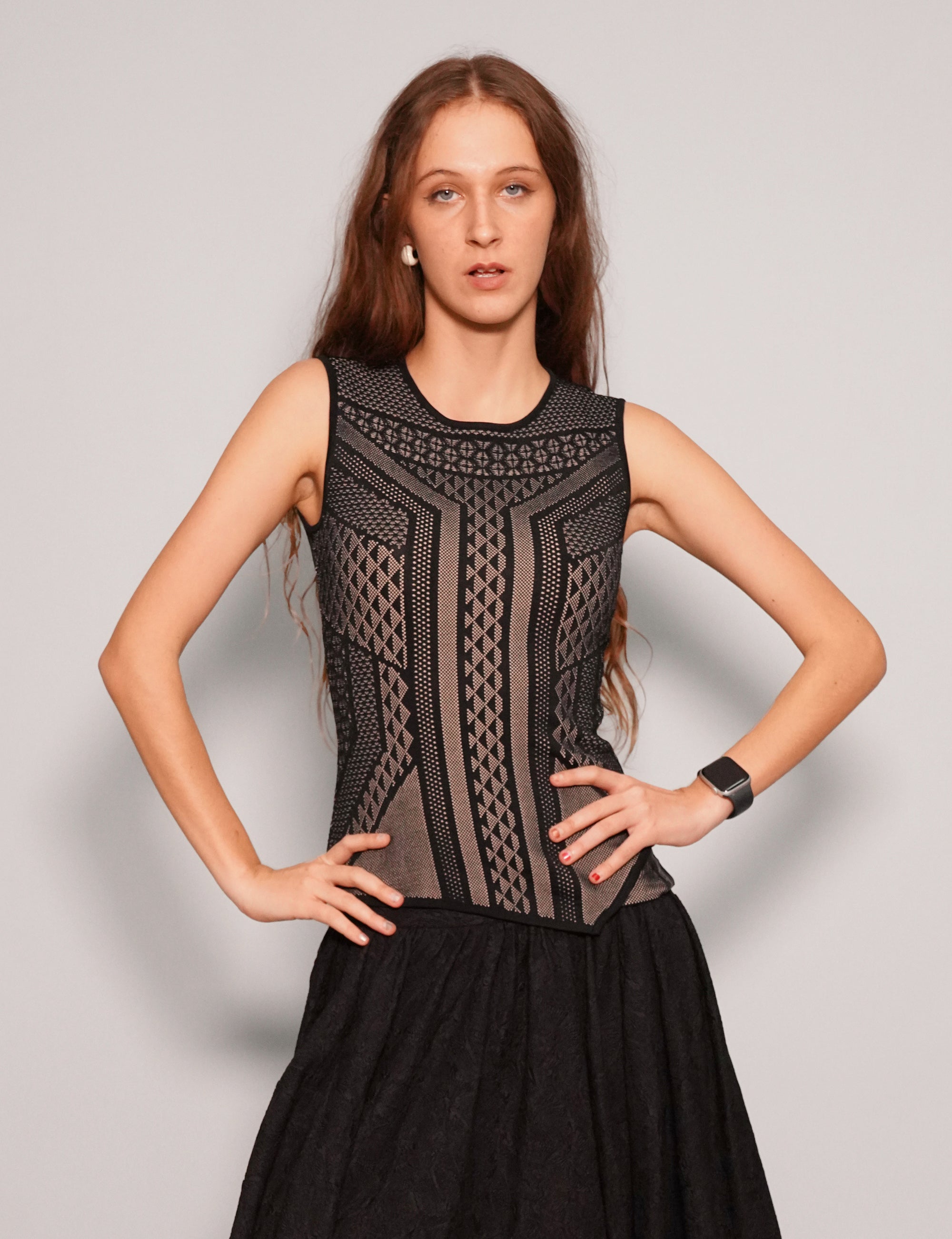 Women's Vintage Two-Tone Vest Top with Geometric Pattern in Black | Stuart Trevor