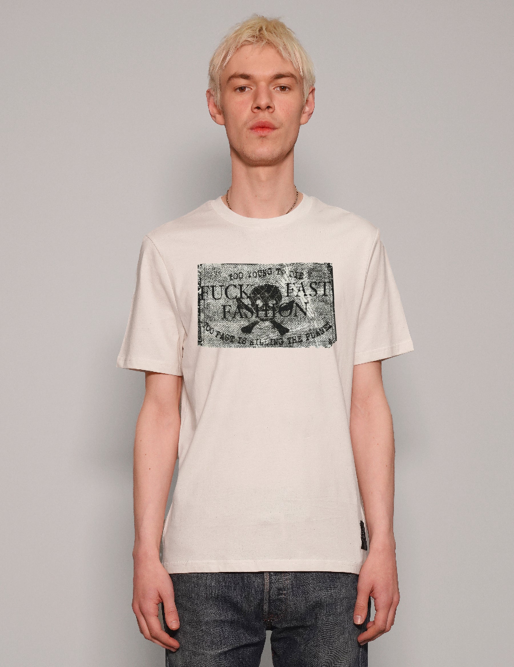 Men's Graphic T-Shirt with Anti Fast-Fashion Print in White | Stuart Trevor