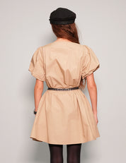 Women's Mini Smock Dress with Puff Sleeves in Beige| Stuart Trevor