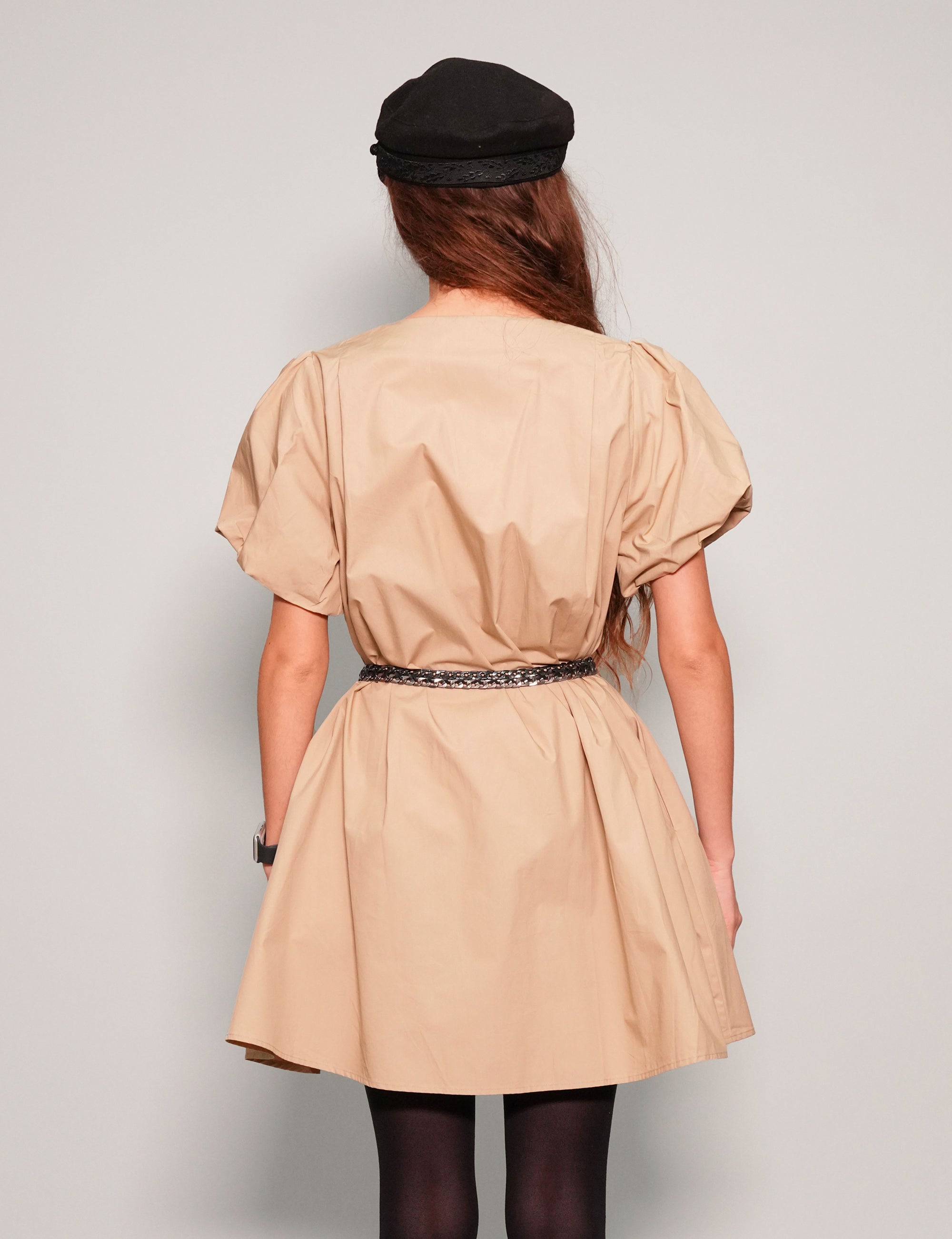 Women's Mini Smock Dress with Puff Sleeves in Beige| Stuart Trevor