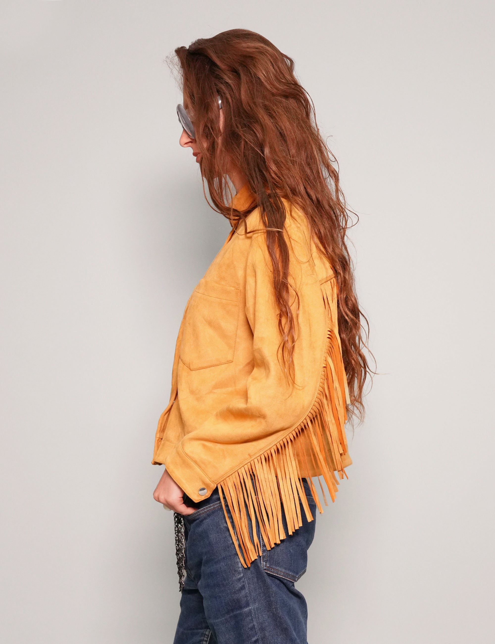 Women's Faux Leather Fringe Jacket in Mustard Yellow | Stuart Trevor