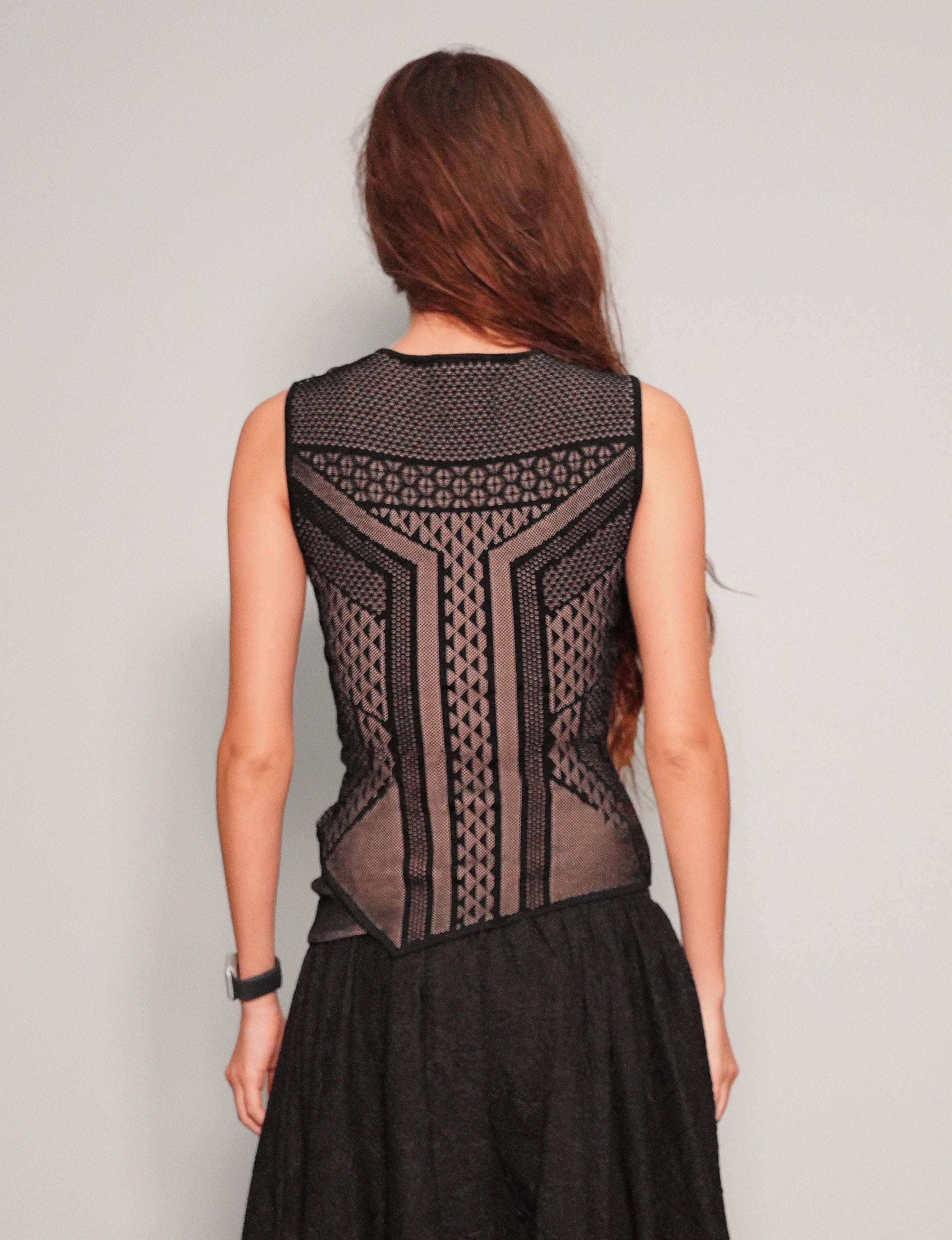 Women's Vintage Two-Tone Vest Top with Geometric Pattern in Black | Stuart Trevor