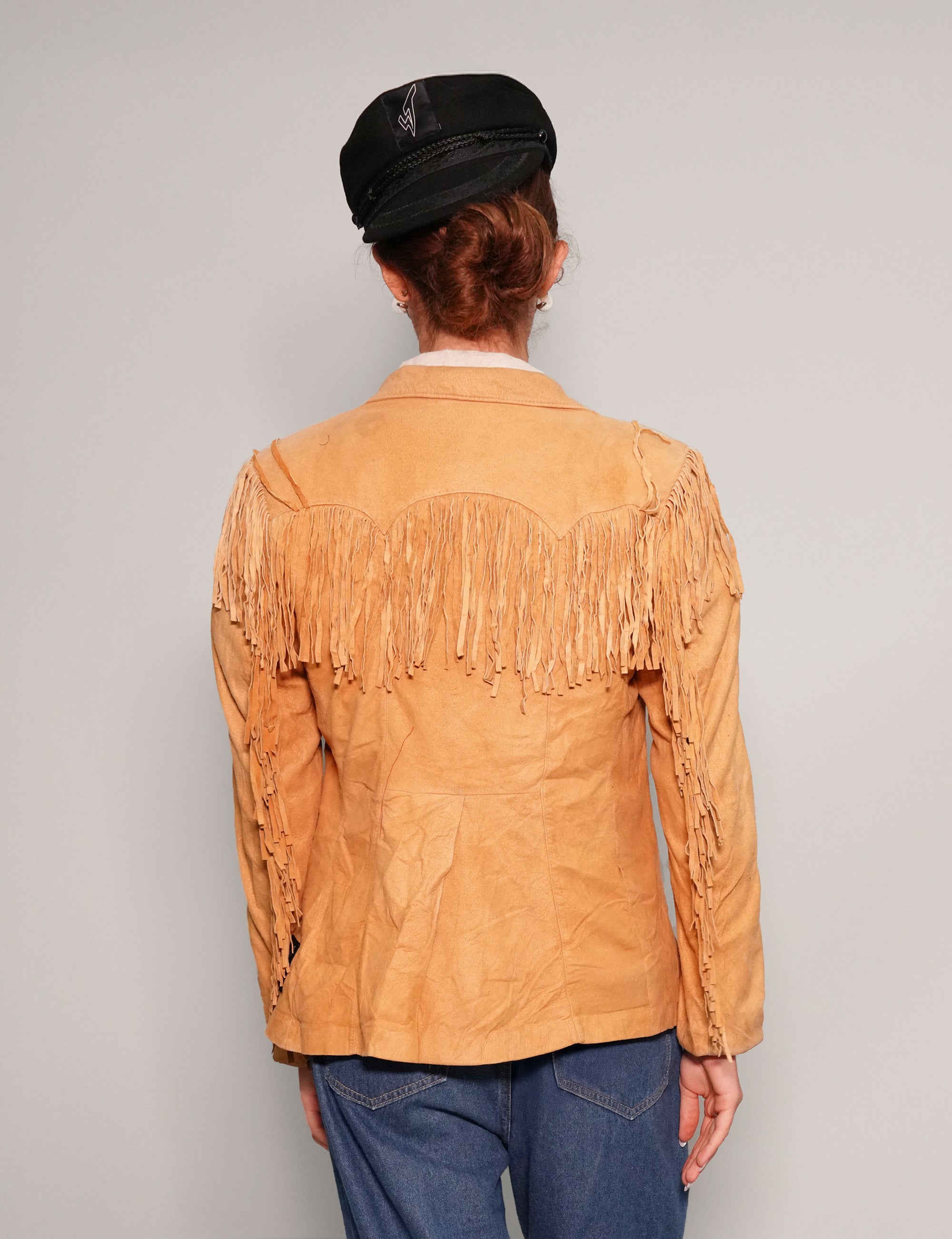 Women's Vintage Fringe Leather Cowgirl Jacket in Yellow | Stuart Trevor