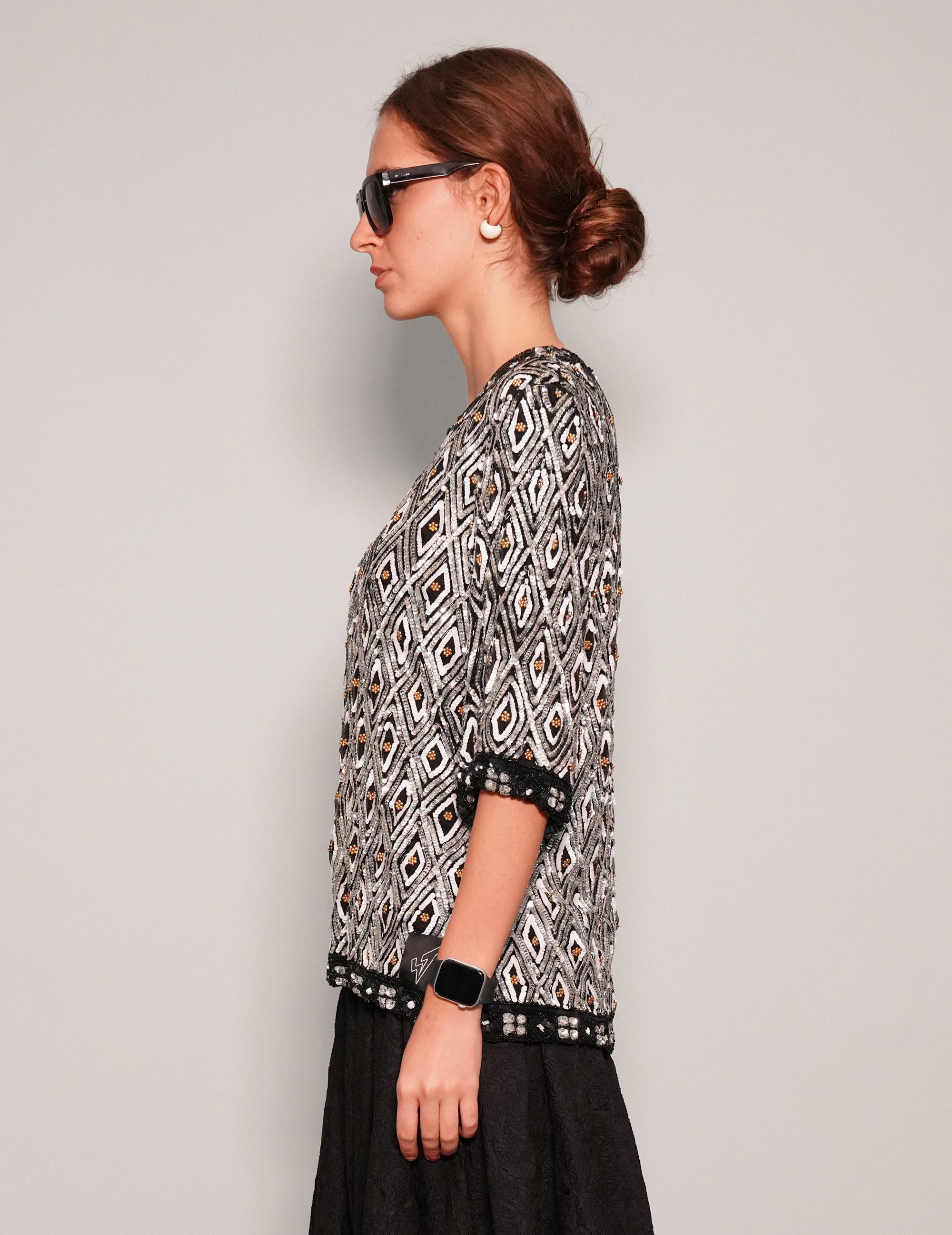 Women's Vintage Sequin Top in Black and White | Stuart Trevor