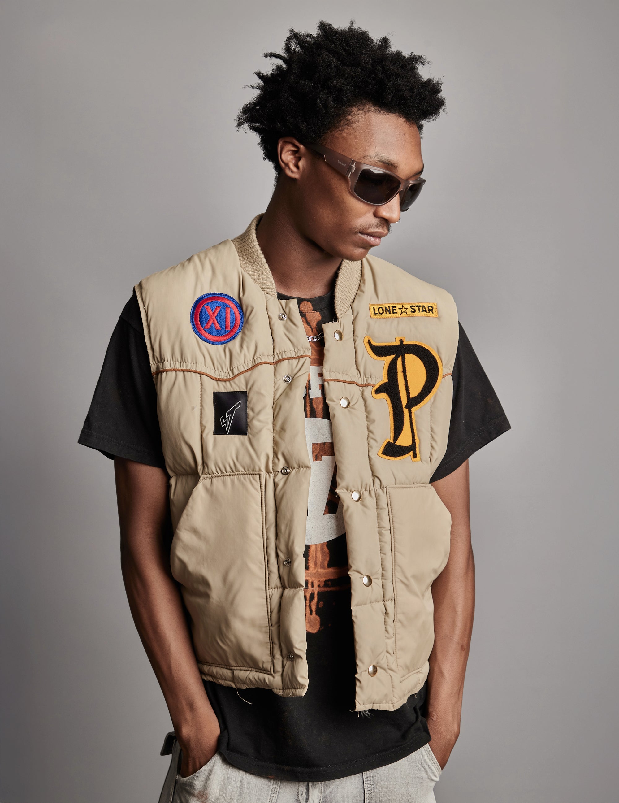 Men's Vintage Puffer Gilet with Patches in Khaki | Stuart Trevor