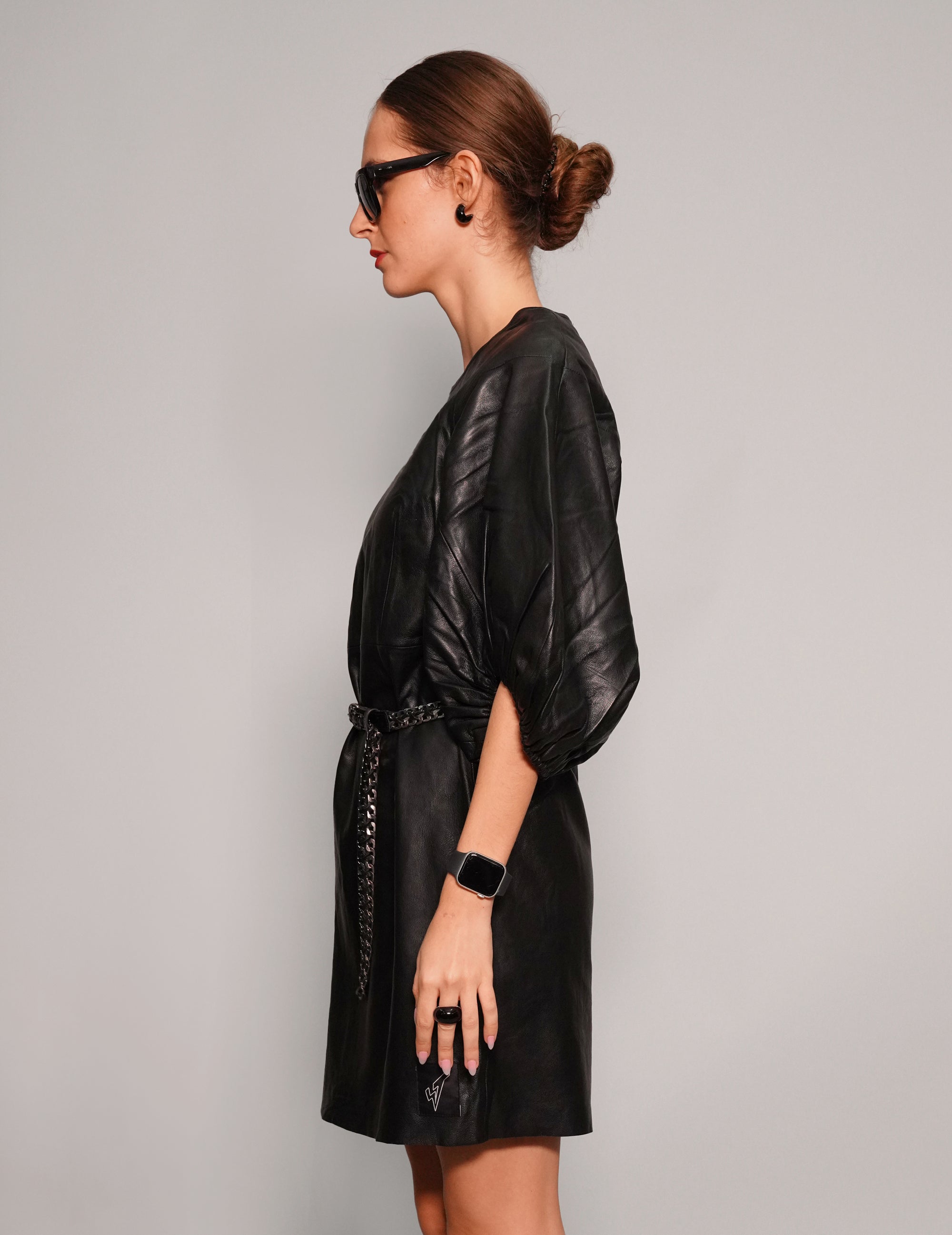 Women's Vintage Black Leather Mini Dress with Puff Sleeve| Stuart Trevor