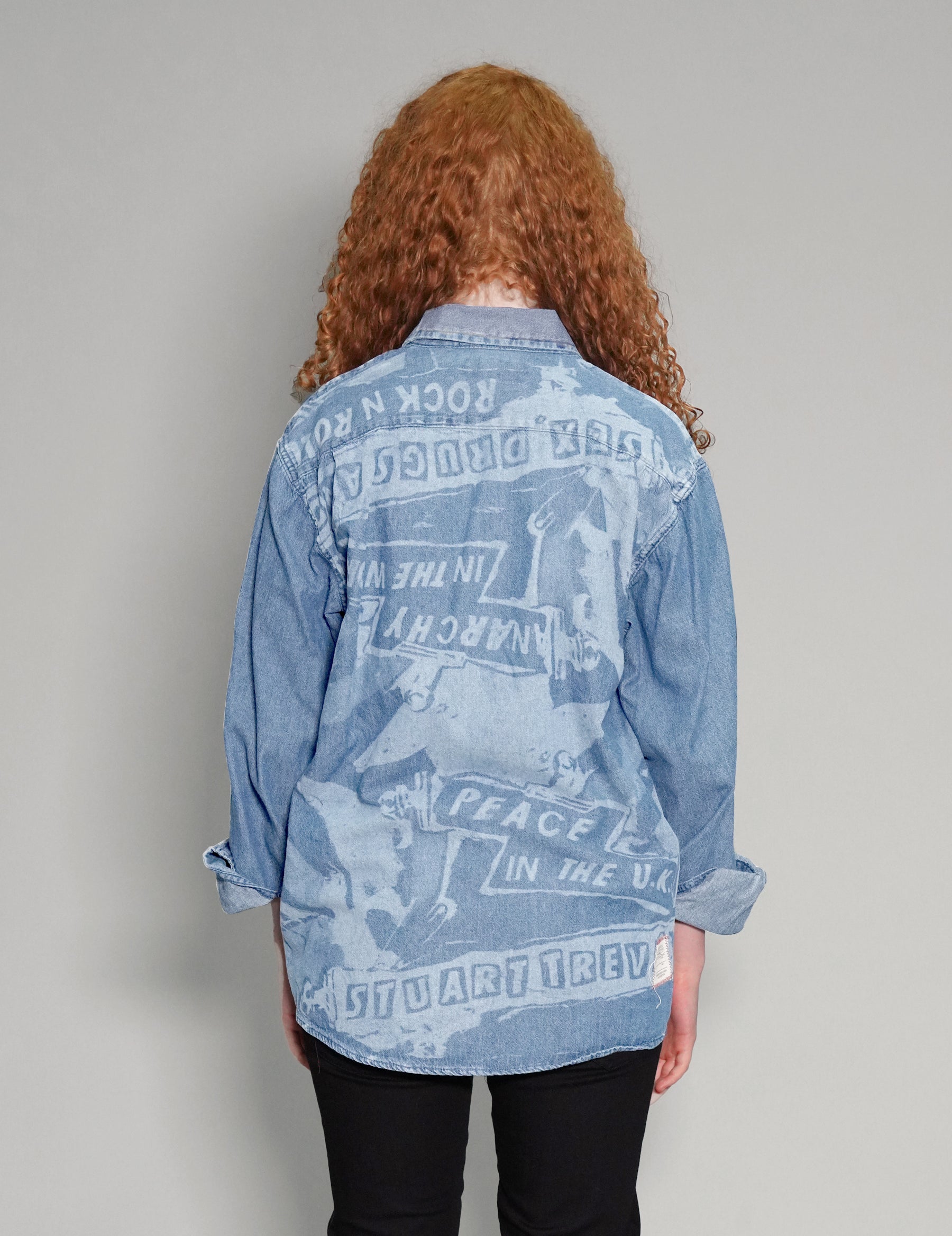 'Peace' Laser Print Denim Shirt in Light Blue