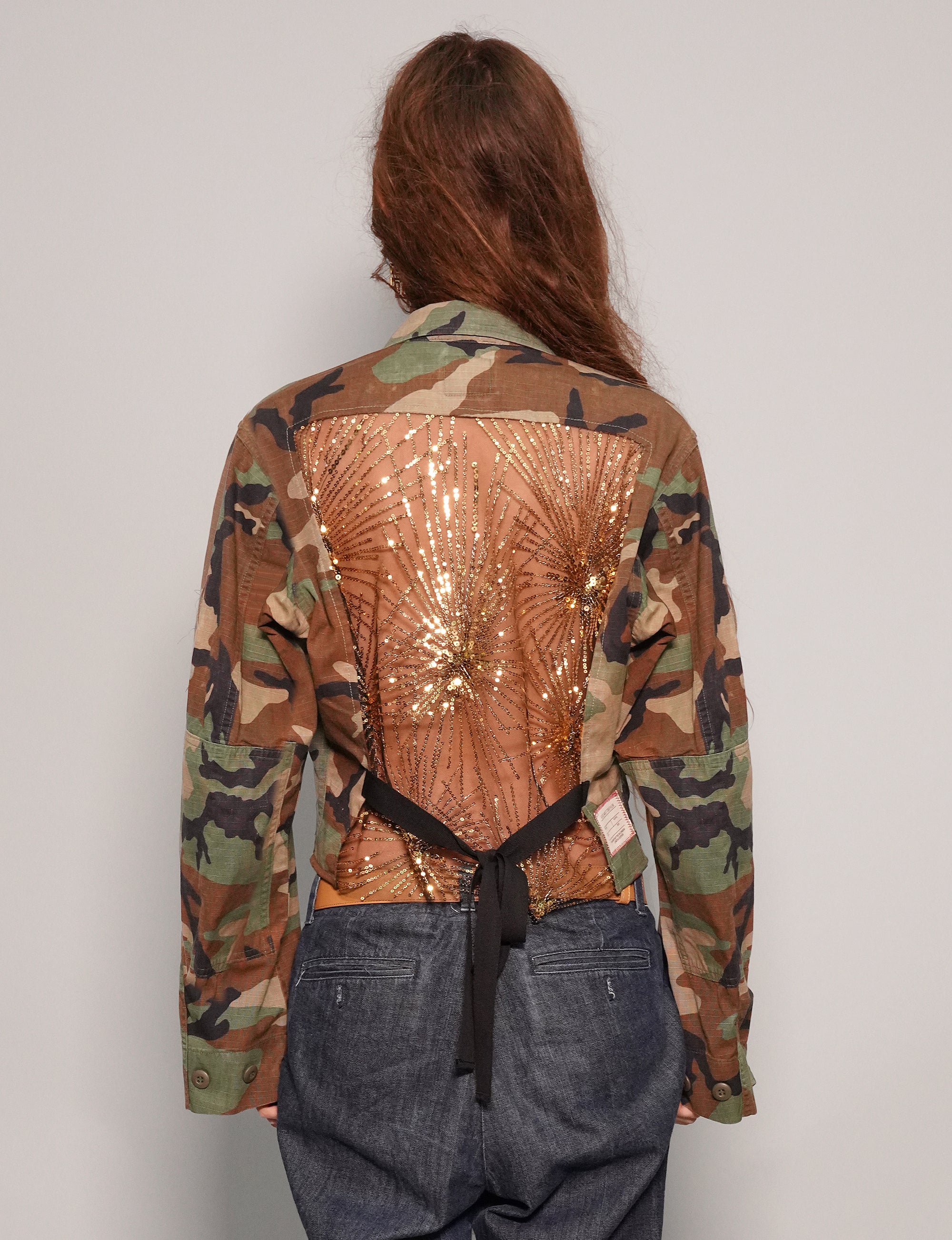 Women's Vintage Camo Cropped Army Shirt with Gold Sequin Sheer Back | Stuart Trevor