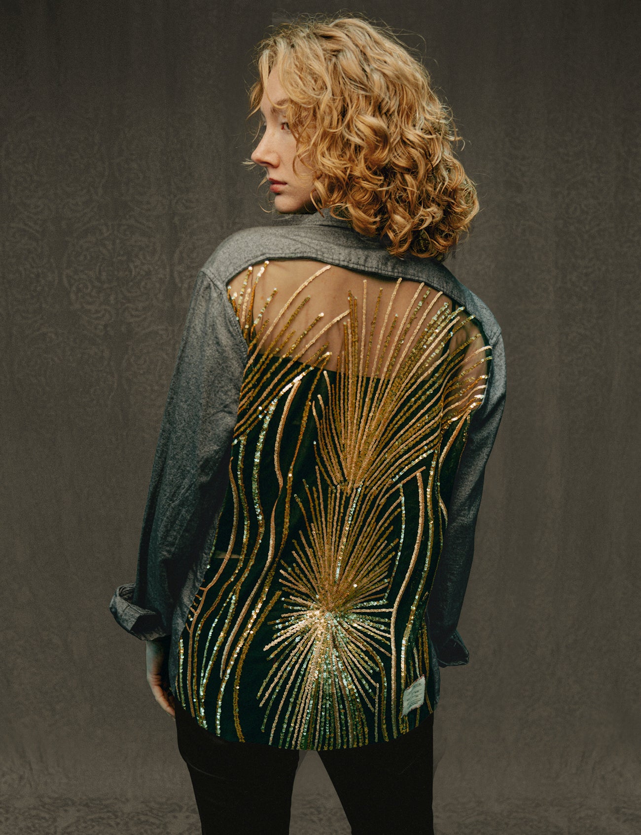 Party Back Shirt - Gold Star Sequin - Grey Marl Cotton