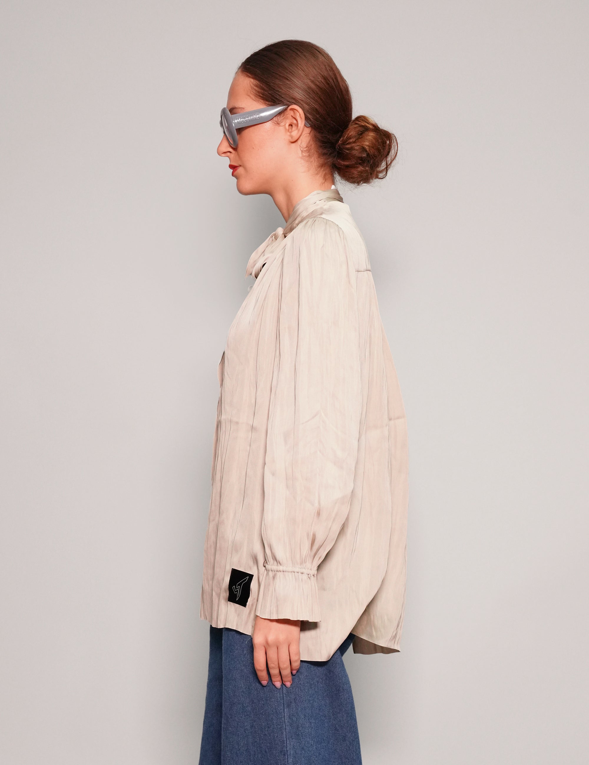 Women's Vintage Tie Neck Blouse in Beige | Stuart Trevor
