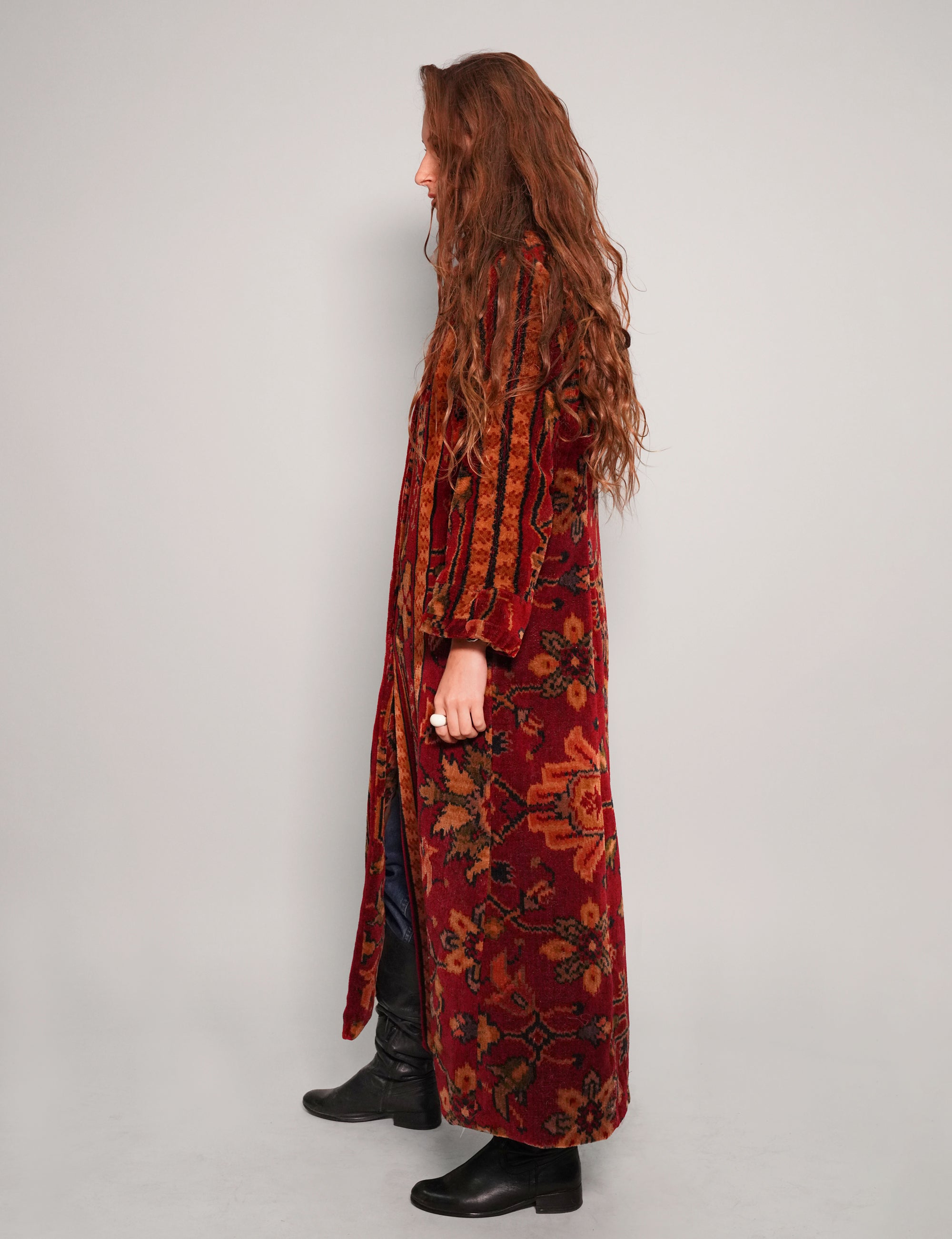 Women's Vintage Wool Coat with Persian Pattern in Red | Stuart Trevor