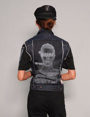 Women's Vintage Denim Vest Jacket in Blue with Patches | Stuart Trevor