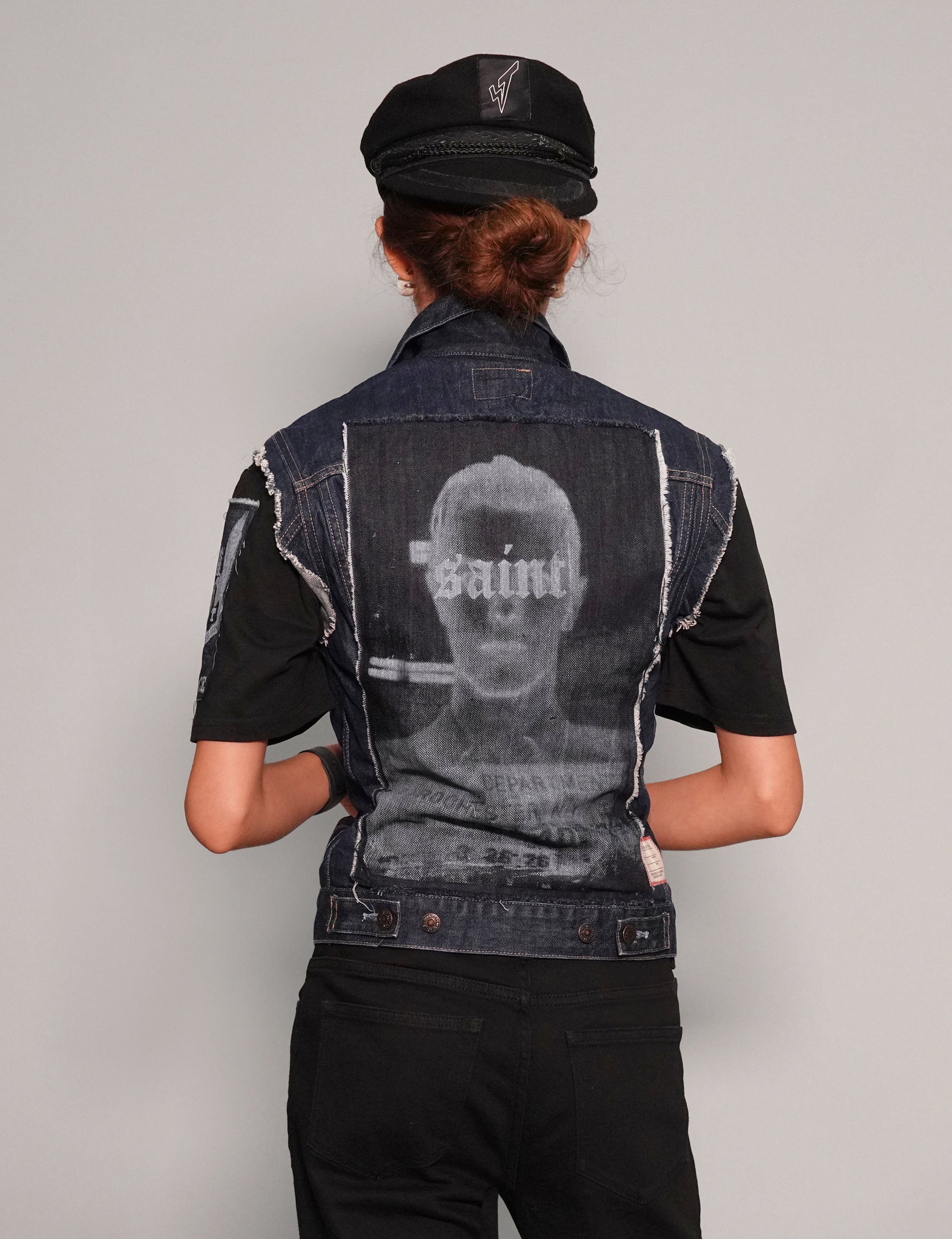 Women's Vintage Denim Vest Jacket in Blue with Patches | Stuart Trevor